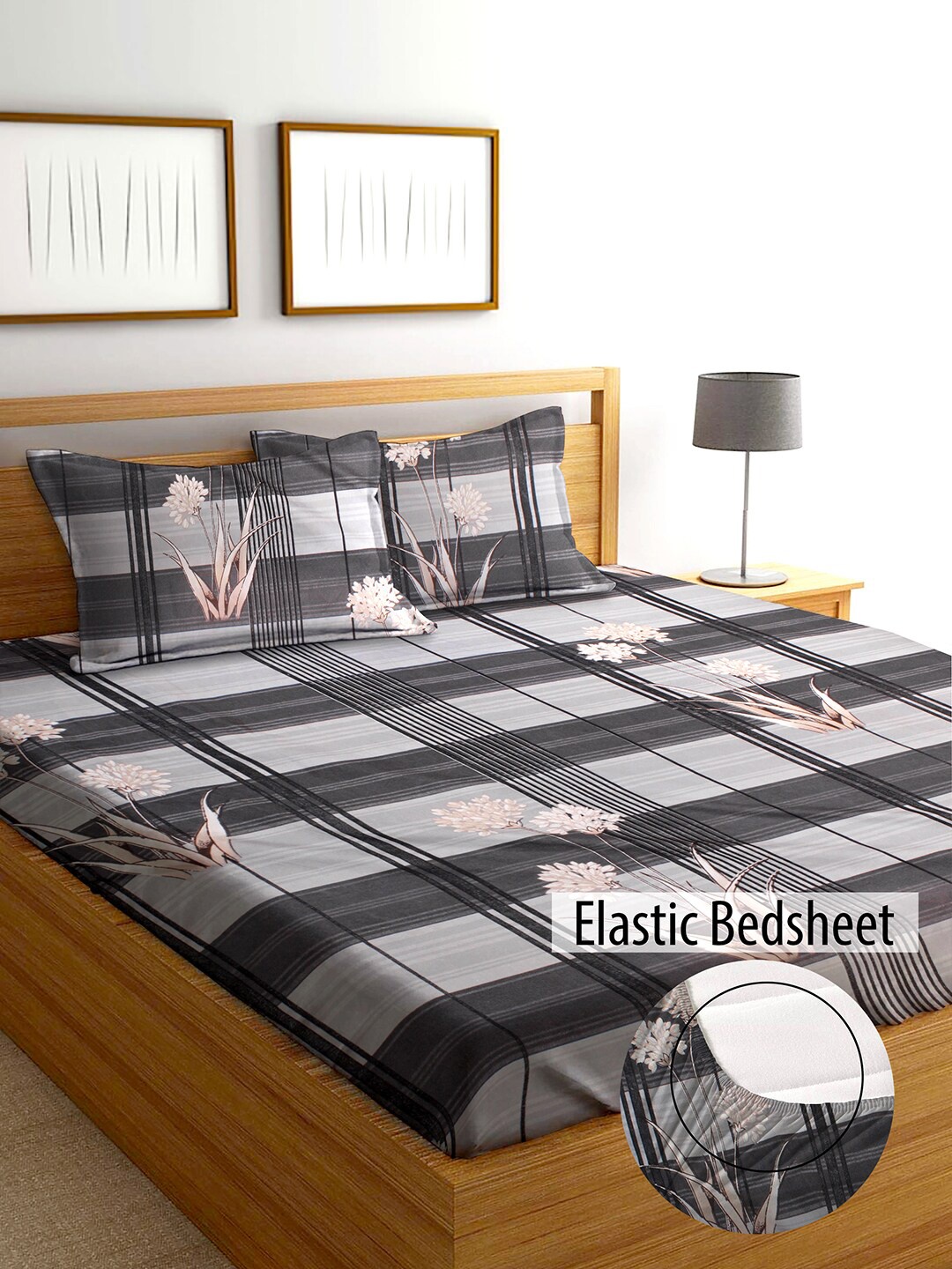 

AEROHAVEN Grey & Black Geometric 210 TC King Bedsheet with 2 Pillow Covers