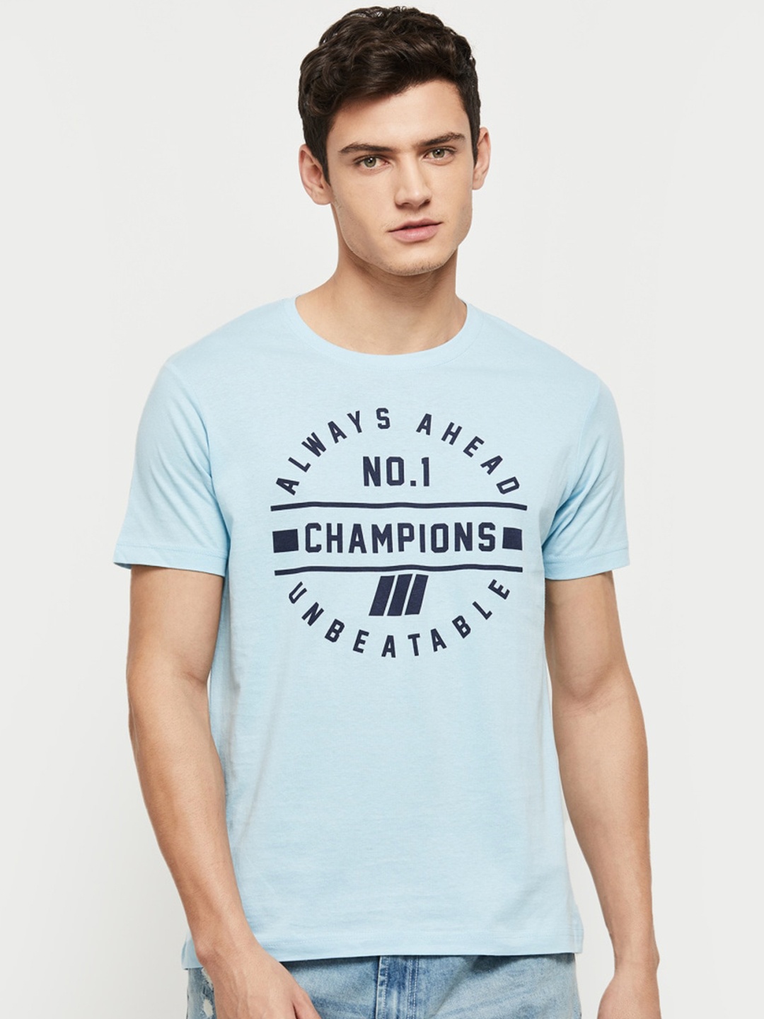 

max Men Typography Printed Pure Cotton T-shirt, Blue