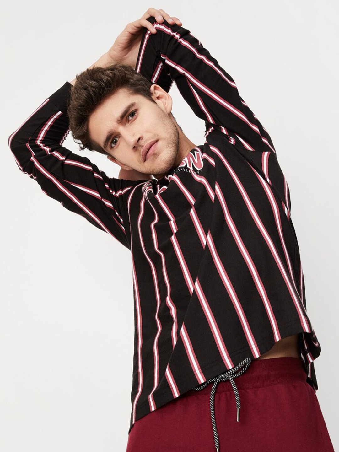 

max Men Striped Cotton T-shirt, Black