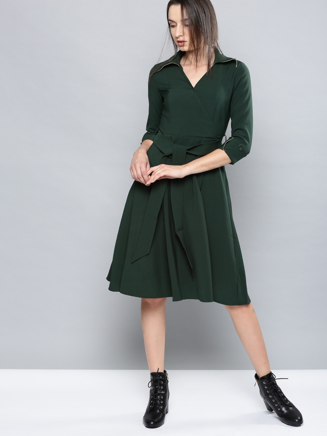 

NUSH Women Green Solid Fit and Flare Dress