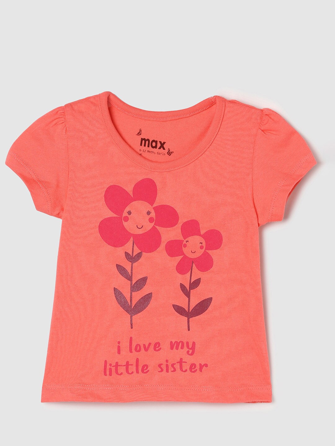 

max Girls Printed Round Neck Cotton T-shirt, Coral