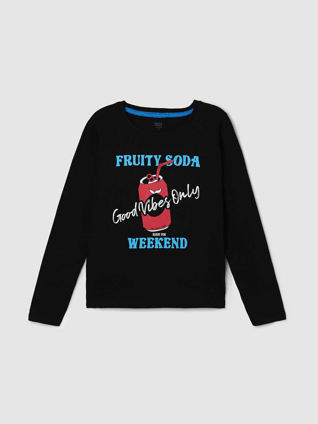 max Girls Typography Printed Cotton T-shirt, Black