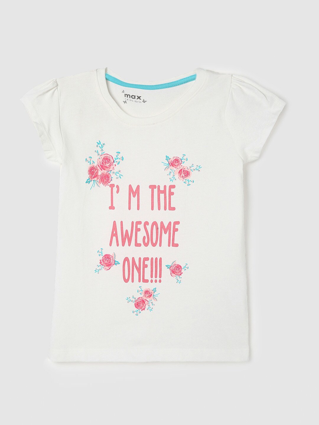 

max Girls Floral Printed Puff Sleeves Pure Cotton T-shirt, White