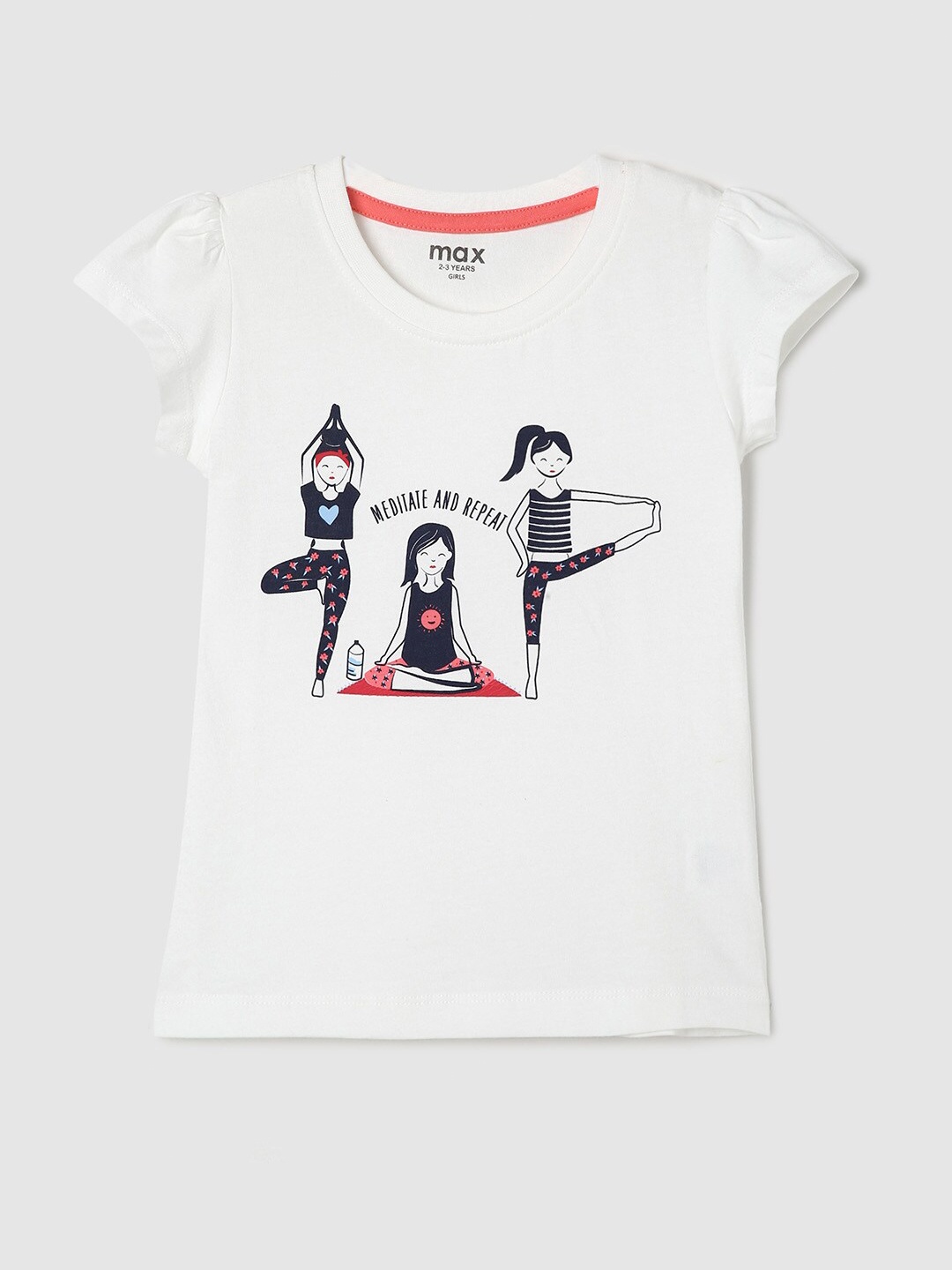 max Girls Printed Cap Sleeves Pure Cotton T-shirt, White