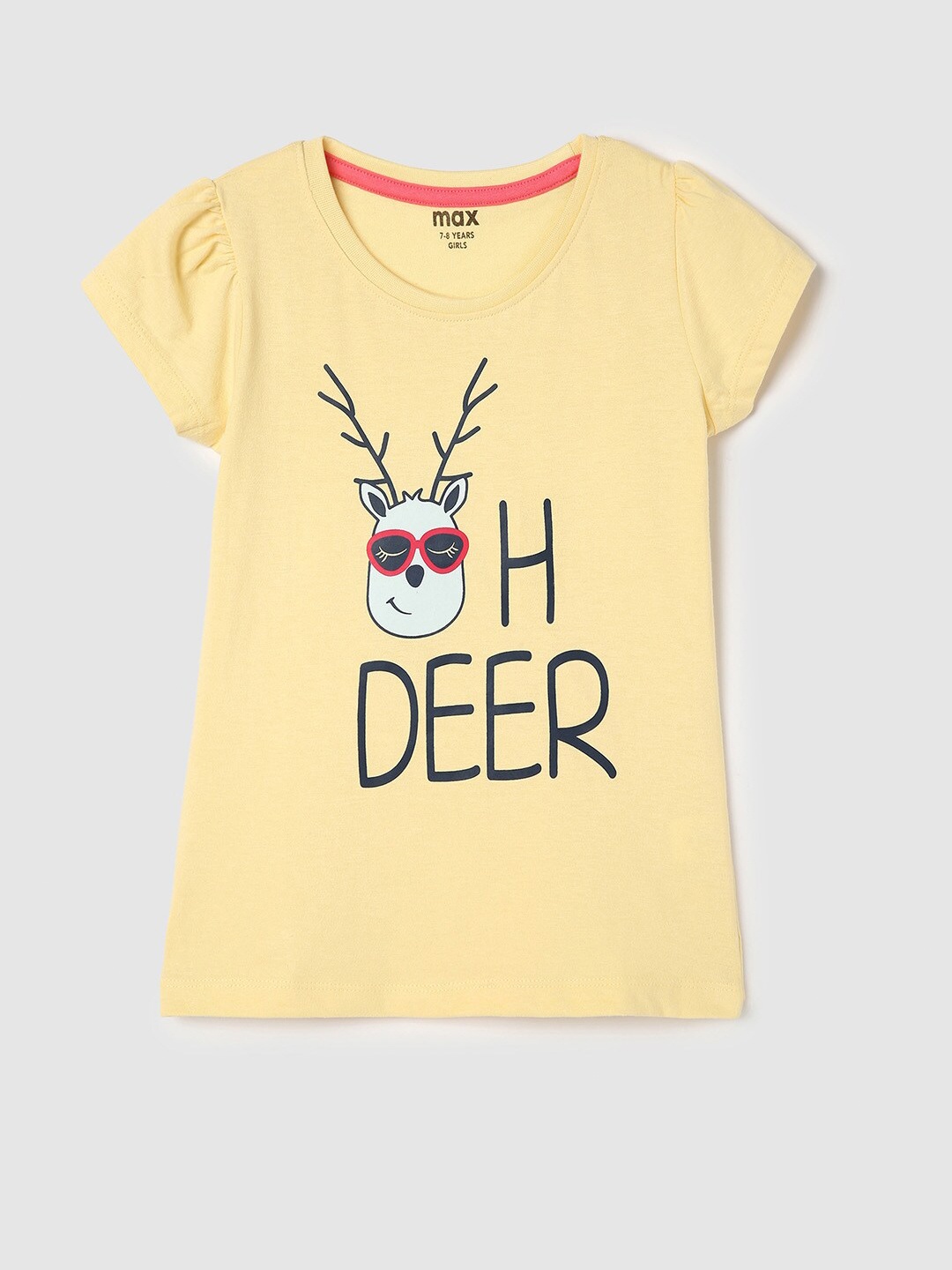 

max Girls Typography Printed Pure Cotton T-shirt, Yellow