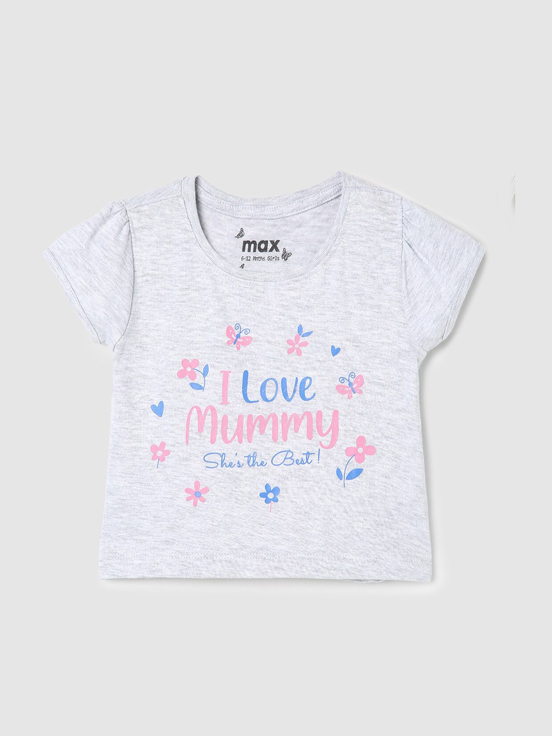 

max Girls Typography Printed V-Neck Cotton T-shirt, Grey