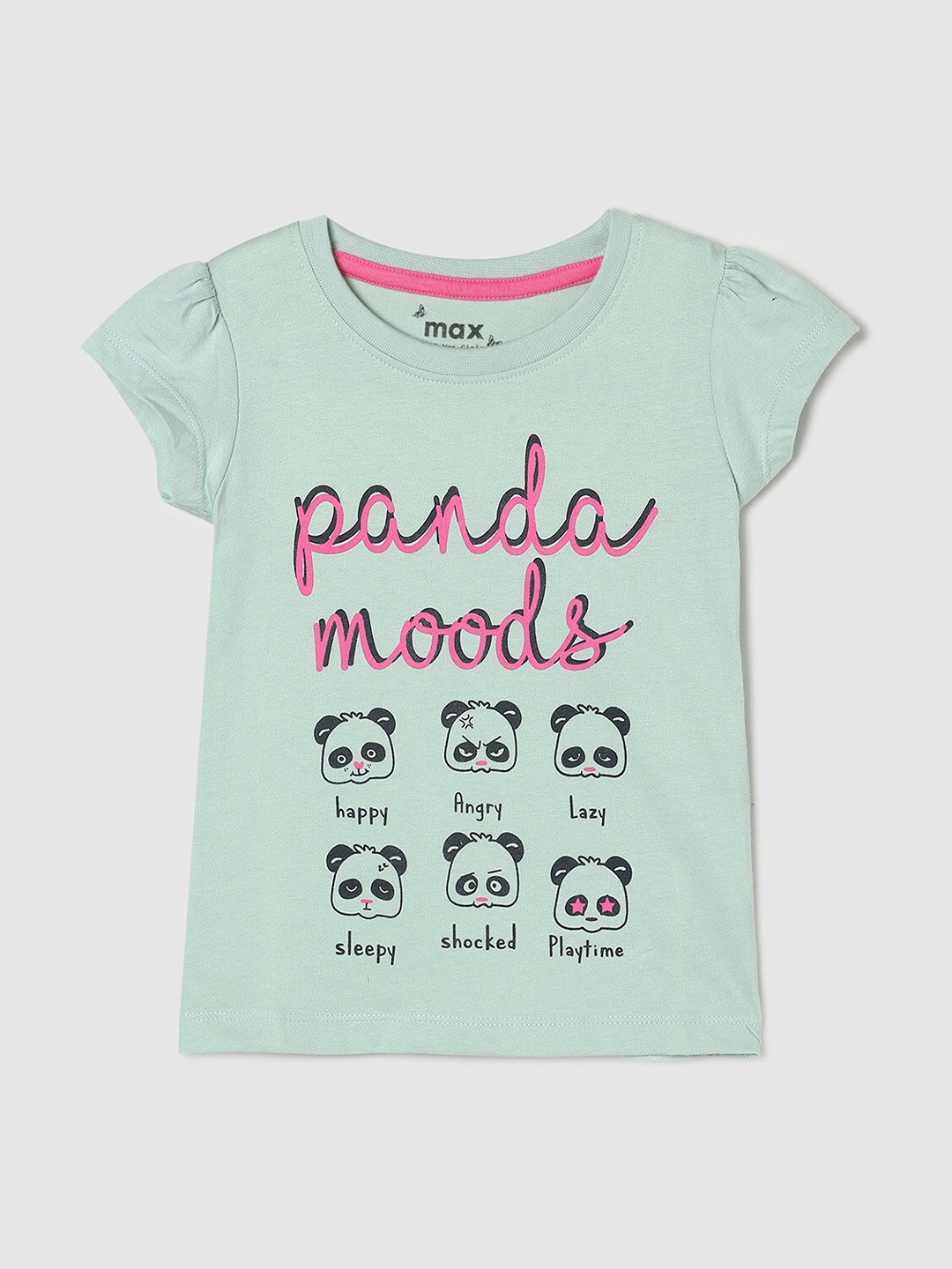 

max Girls Typography Printed Pure Cotton T-shirt, Green