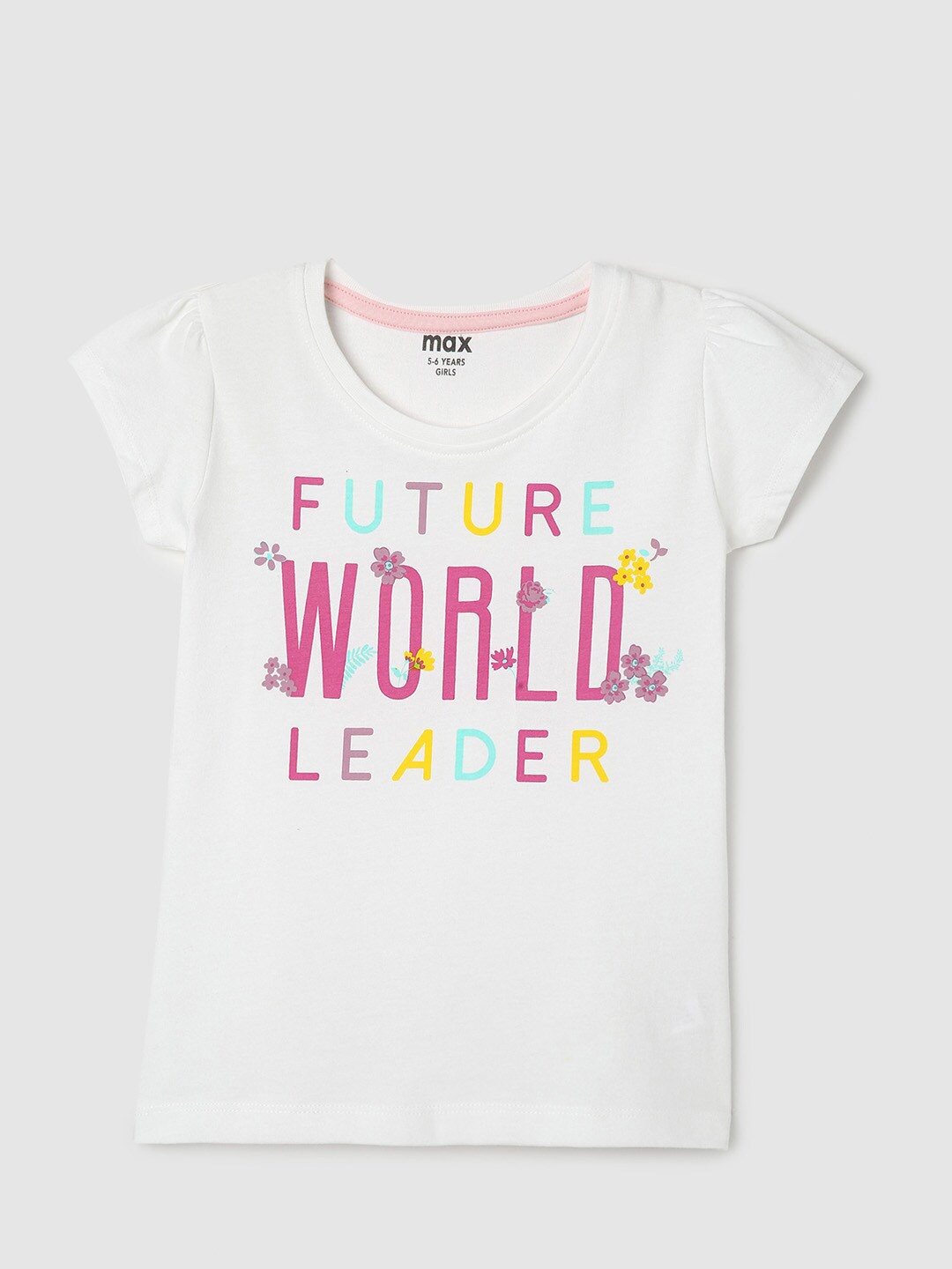 

max Girls Typography Printed Pure Cotton T-shirt, White