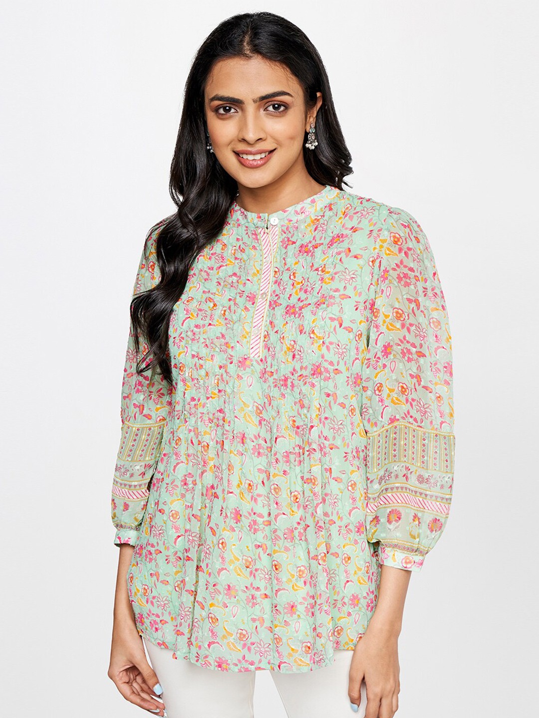 

Global Desi Mandarin Collar Floral Printed Top, Green