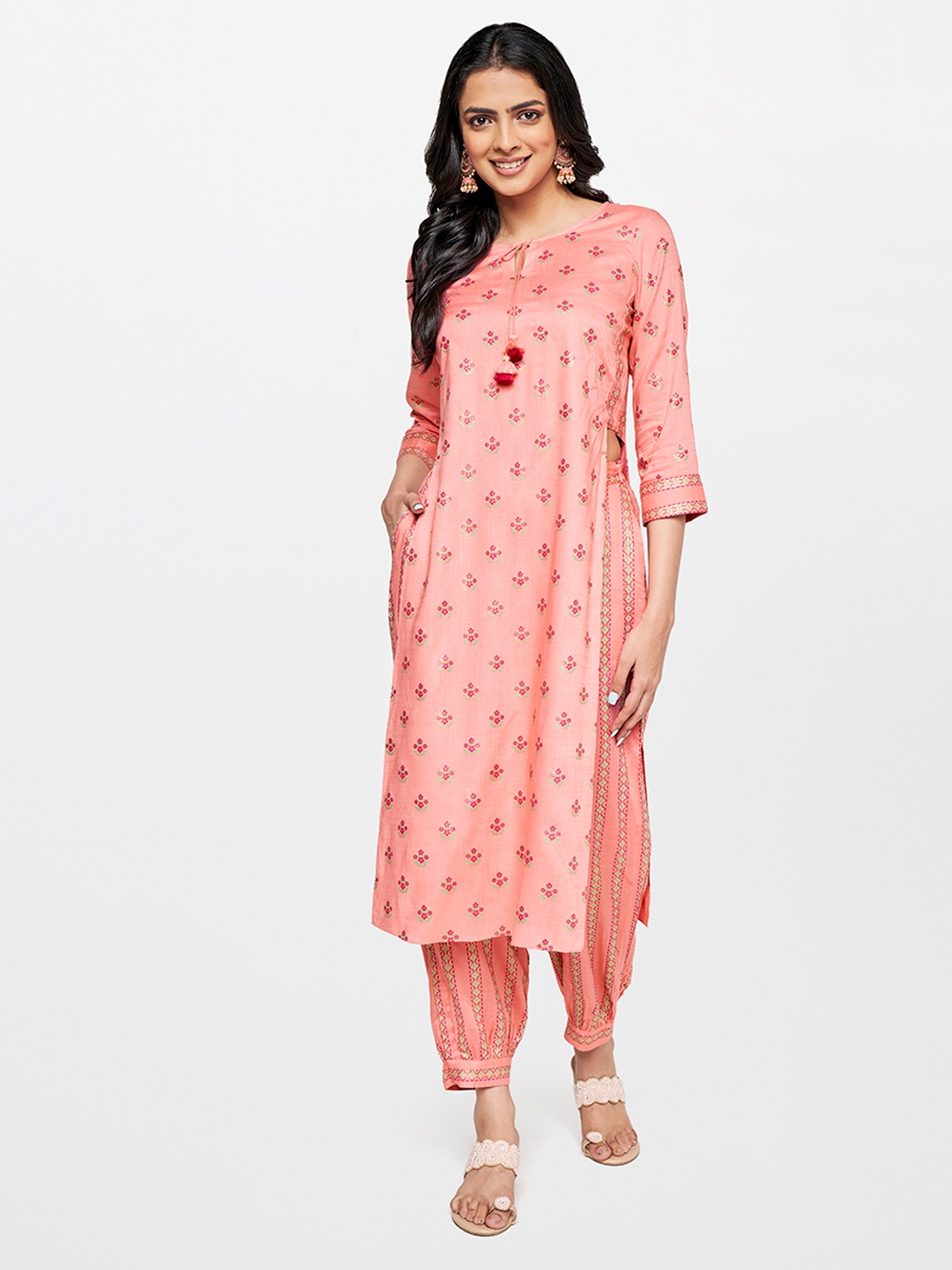 

Global Desi Floral Printed Kurta with Dhoti Pant Set, Coral