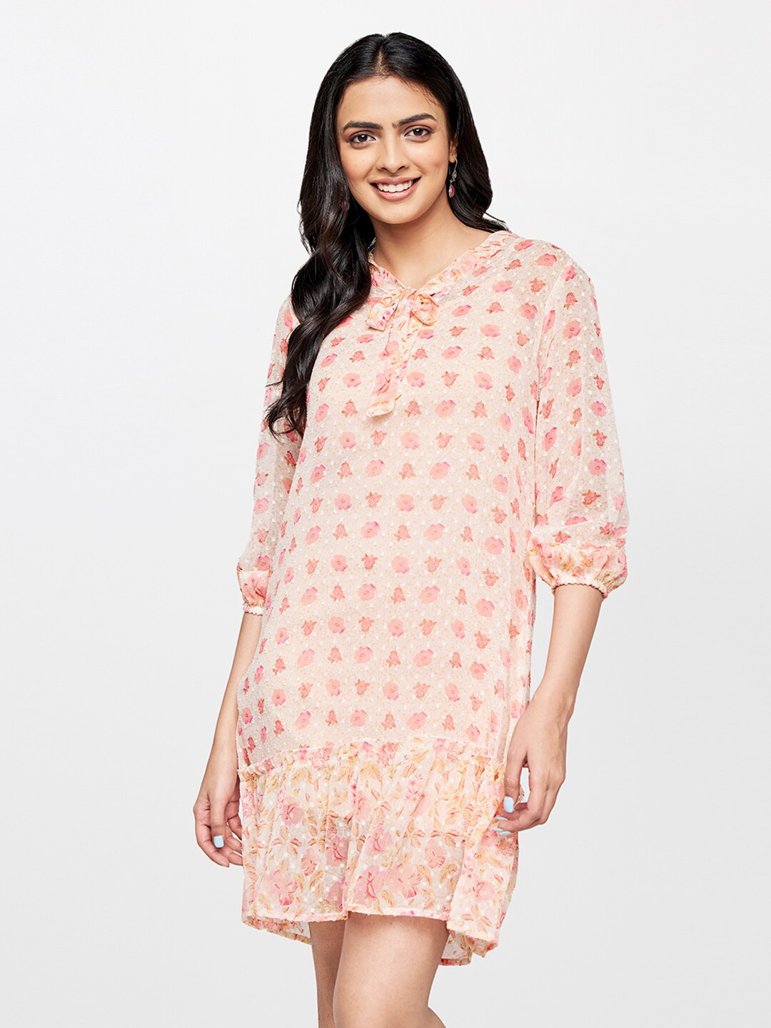 

Global Desi Floral Printed Tie-Up Neck A-Line Dress, Peach