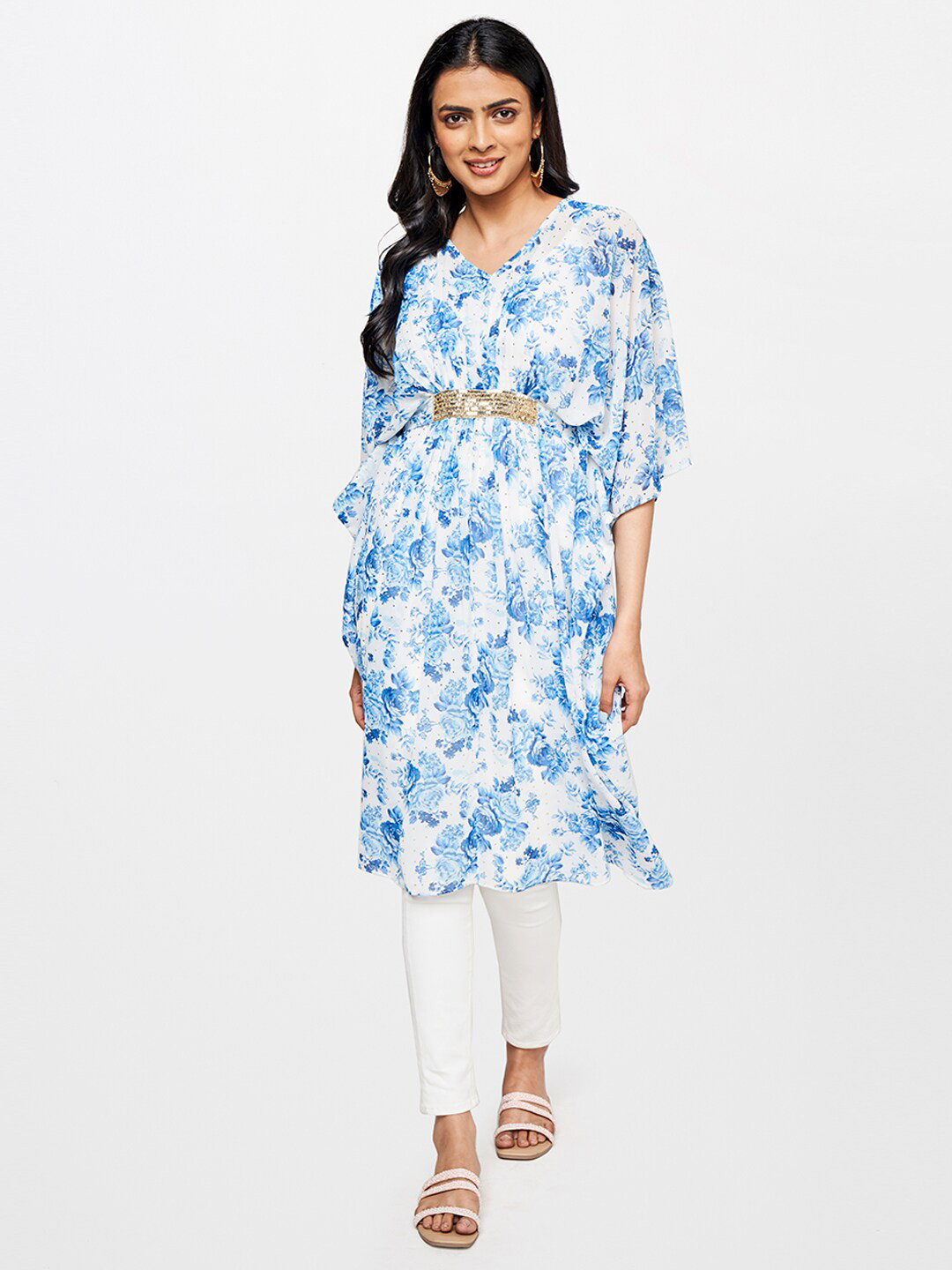 

Global Desi Floral Printed Kaftan Kurta, White