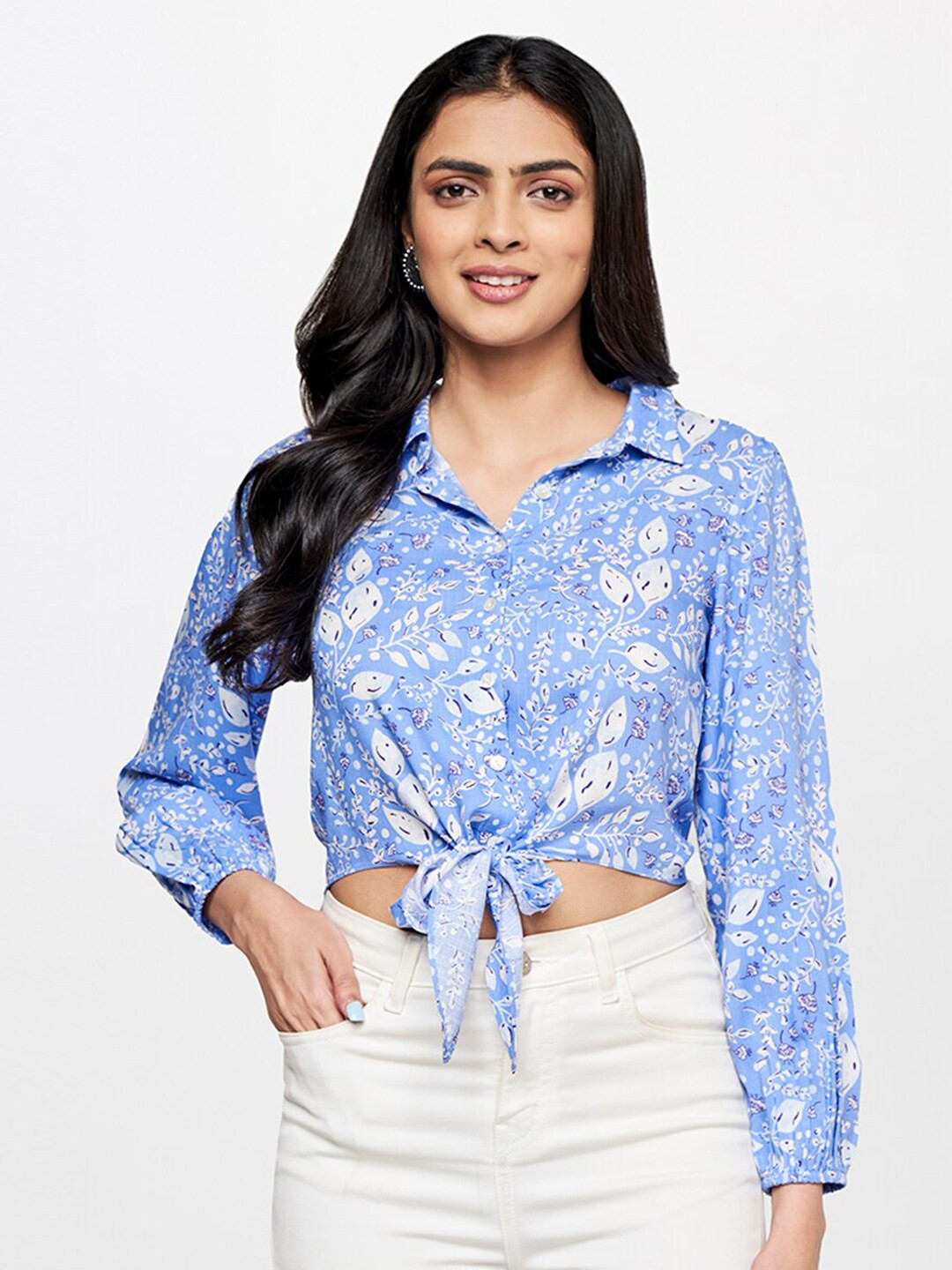 

Global Desi Floral Print Tie-Ups Top, Blue