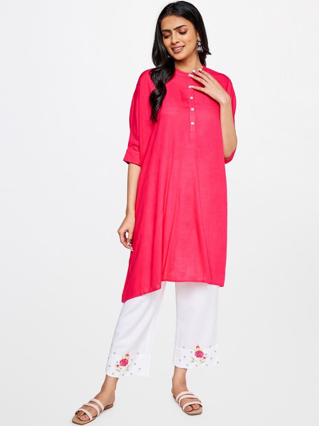 

Global Desi Asymmetric Hemline Band Collar A-Line Kurta, Pink