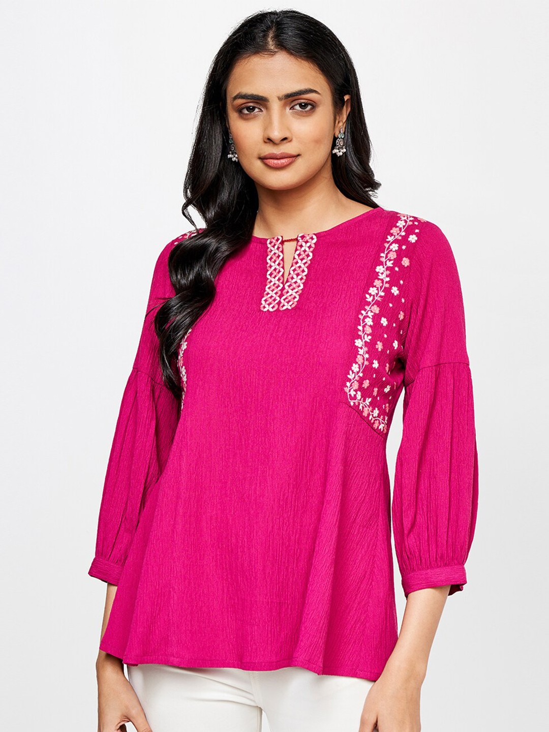 

Global Desi Women Floral Embroidered Puff Sleeved A-Line Top, Pink