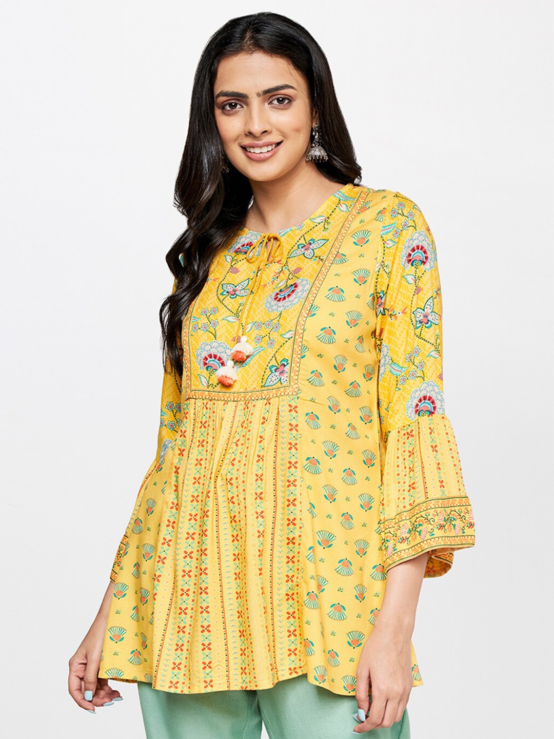 

Global Desi Mustard Ethnic Motifs Printed Tie-Up Neck Top, Yellow