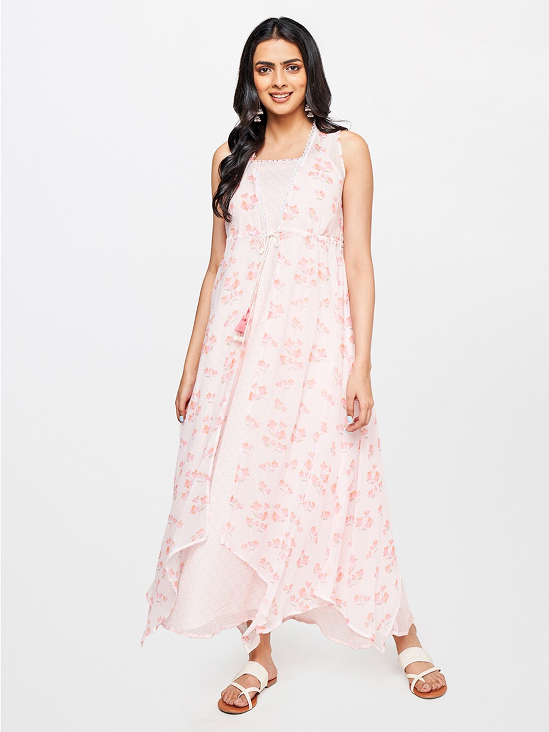 

Global Desi Floral Printed Layered Maxi Dress, Off white