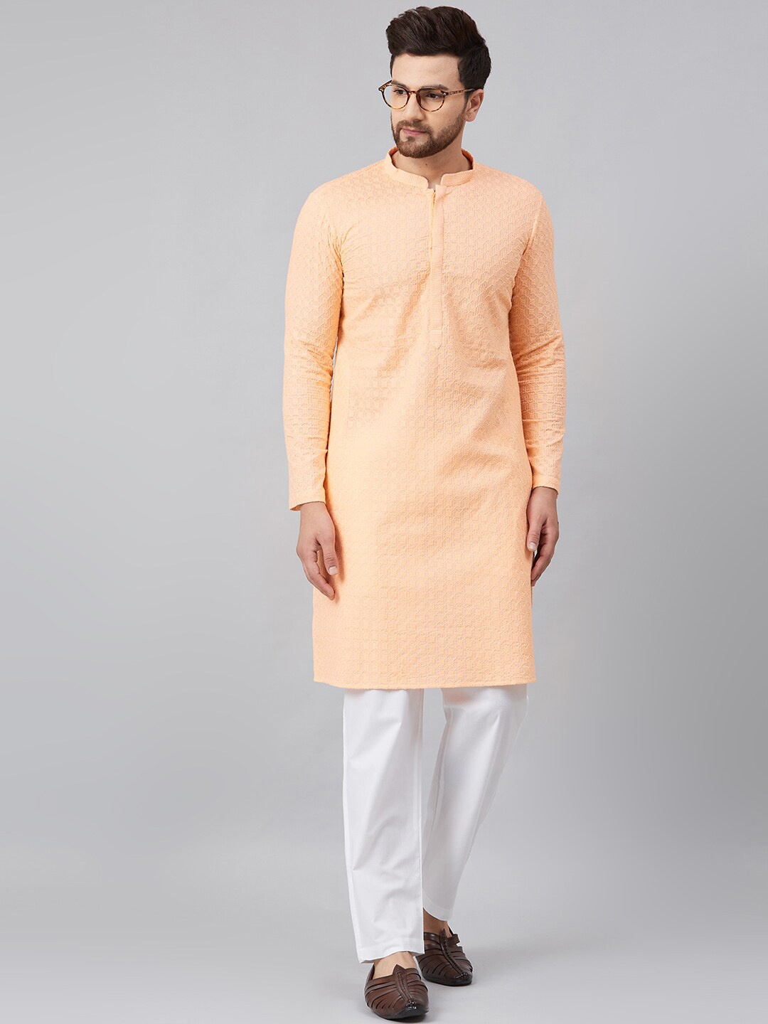 

See Designs Men Embroidered Chikankari Pure Cotton Kurta with Pyjamas, Peach