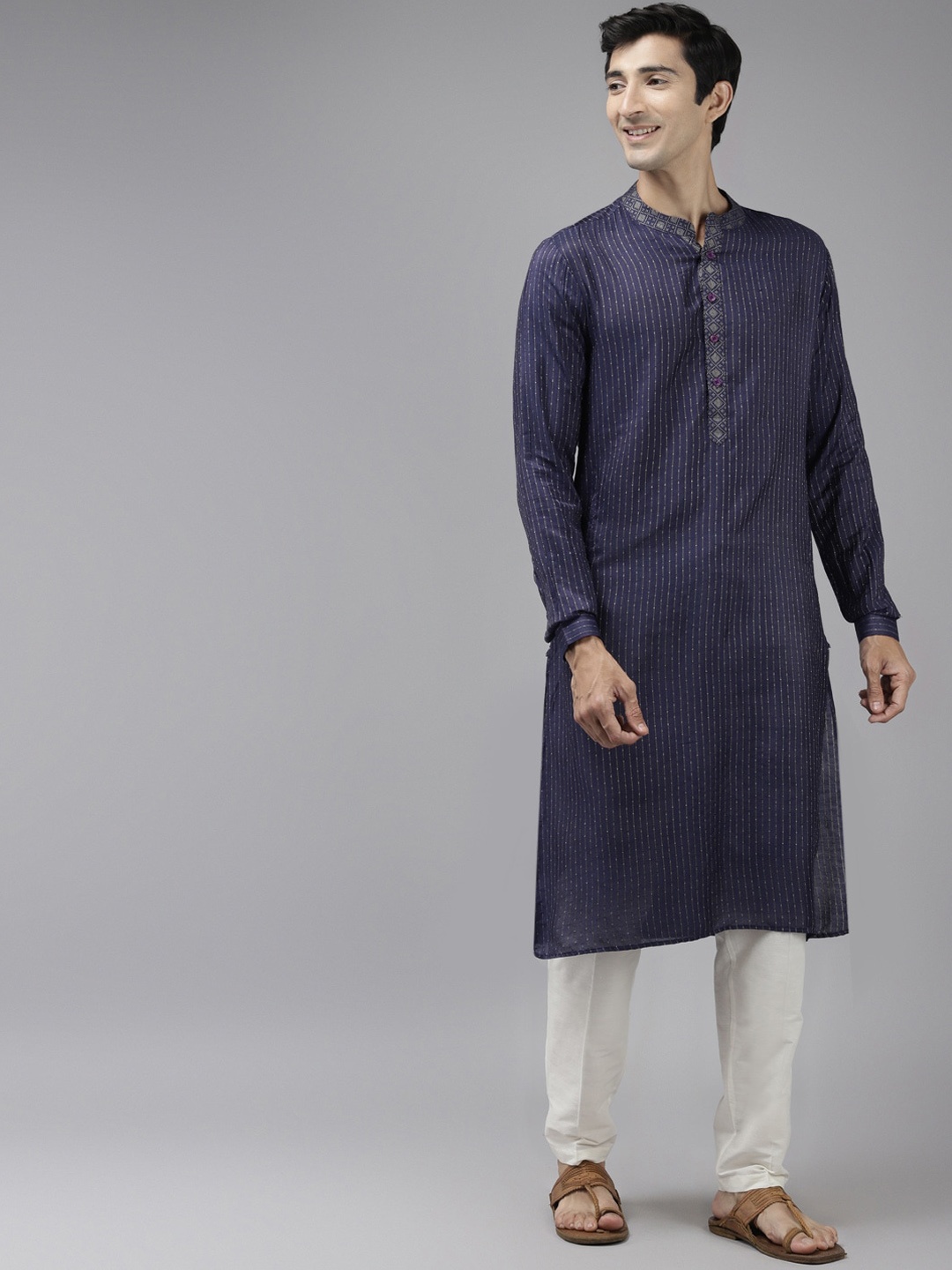 

See Designs Men Woven Design Band Collar Thread Work Kurta, Blue