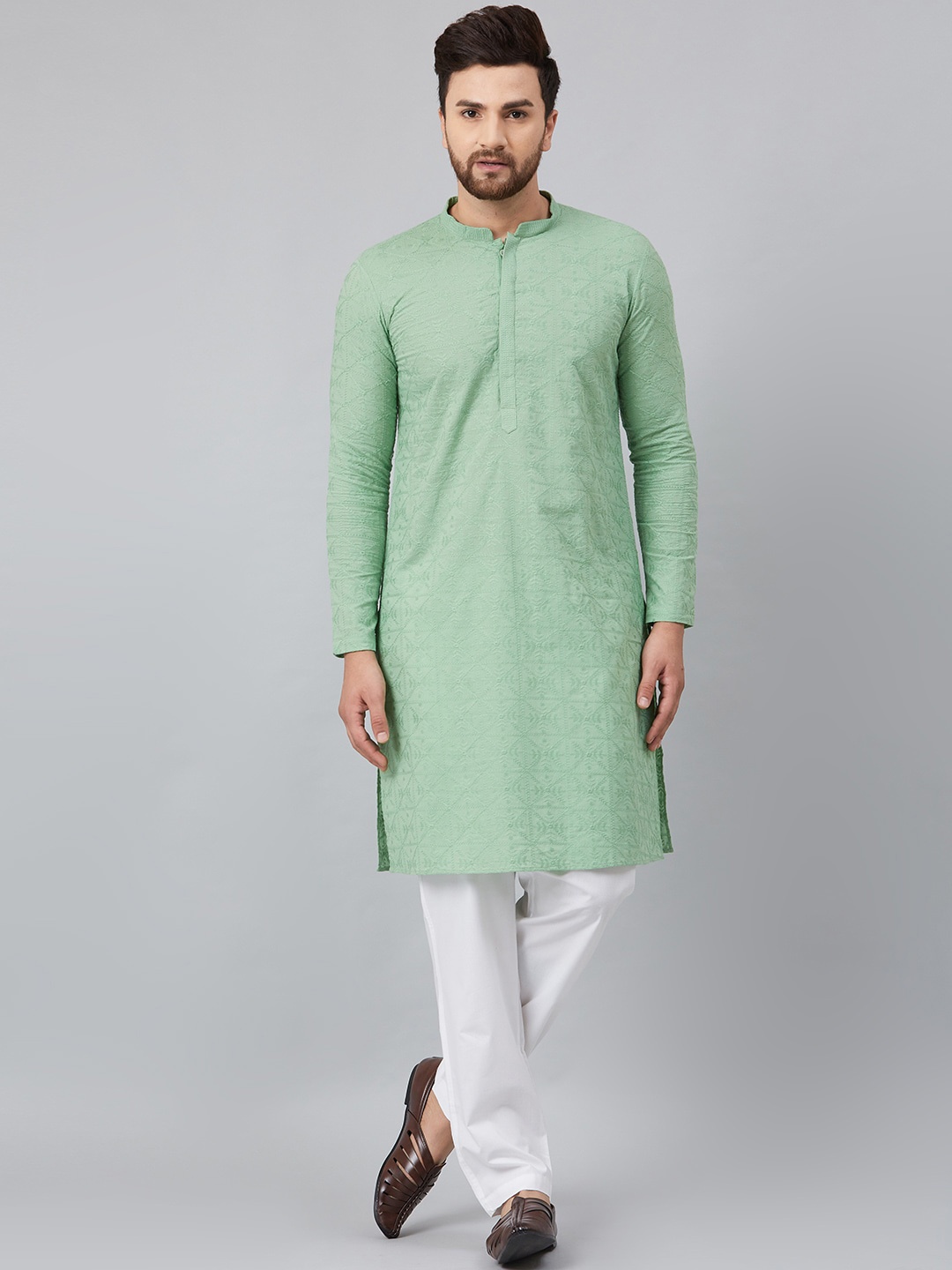 

See Designs Men Mandarin Collar Embroidered Cotton Kurta, Green