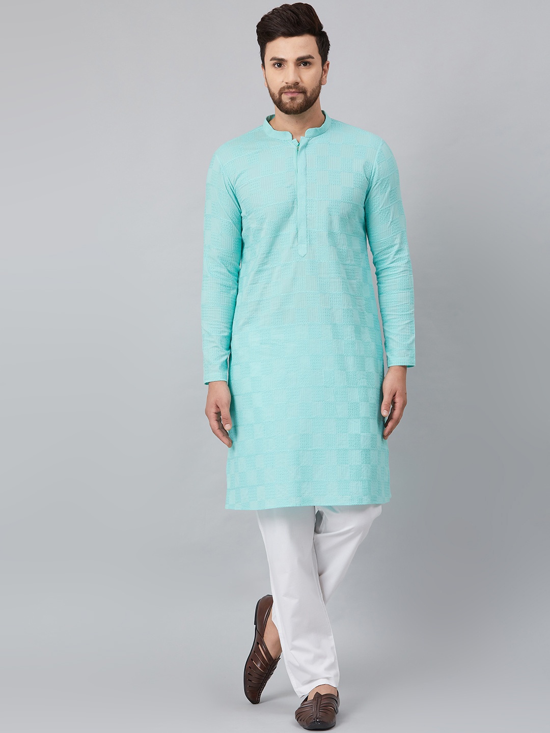 

See Designs Men Chikankari Embroidered Cotton Kurta, Turquoise blue