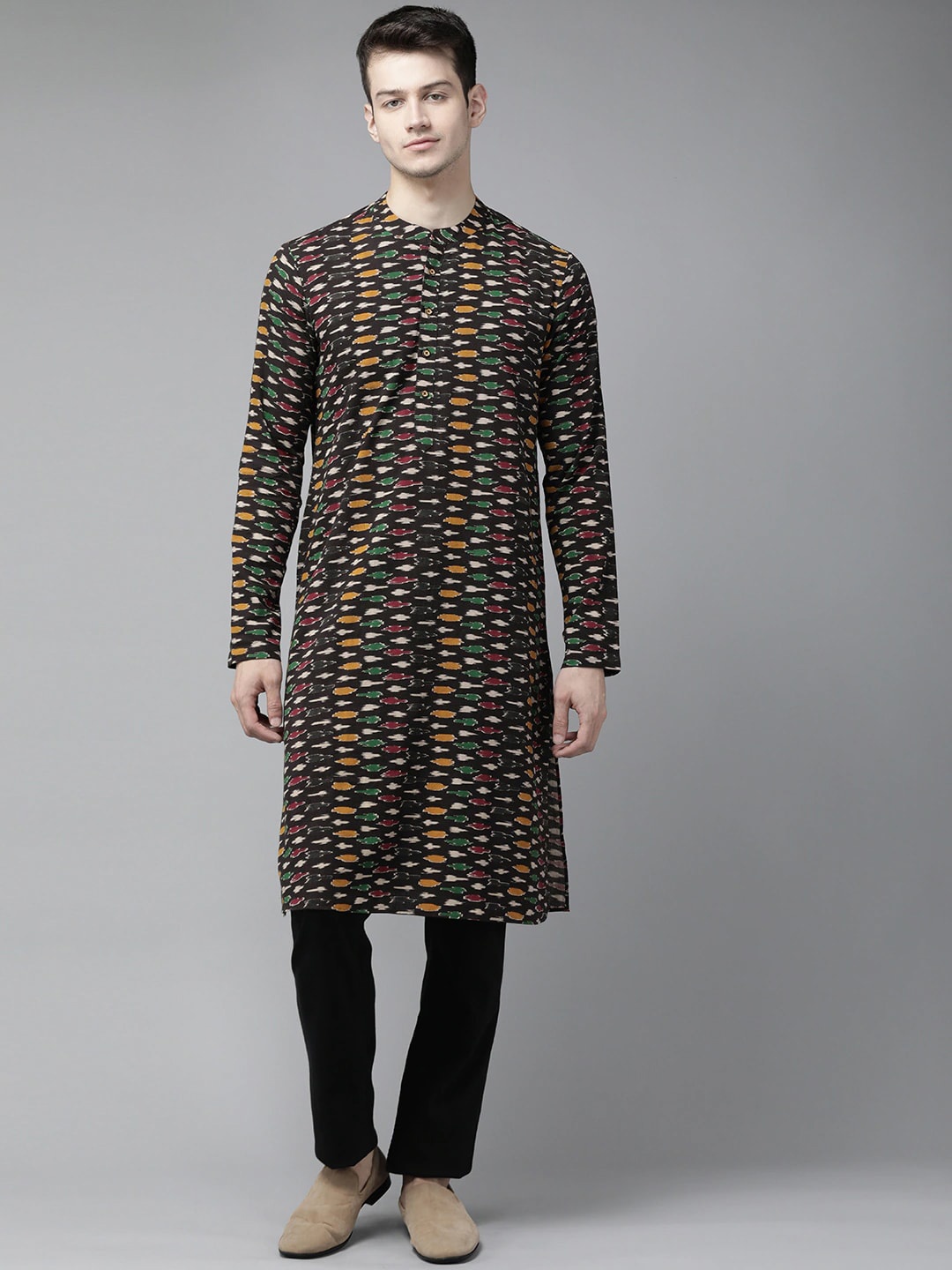 

See Designs Men Mandarin Collar Ethnic Printed Cotton Kurta, Black