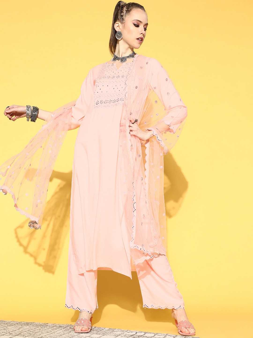 

Nayo Embroidered Mirror Work Kurta with Trousers & With Dupatta, Peach
