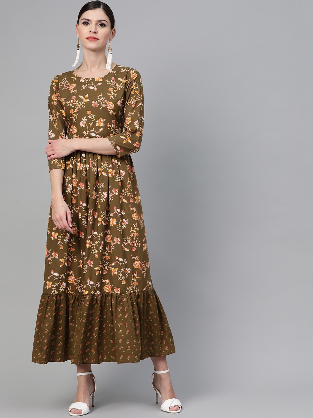 

See Designs Women Cotton Floral Printed Flared Maxi Dress, Olive