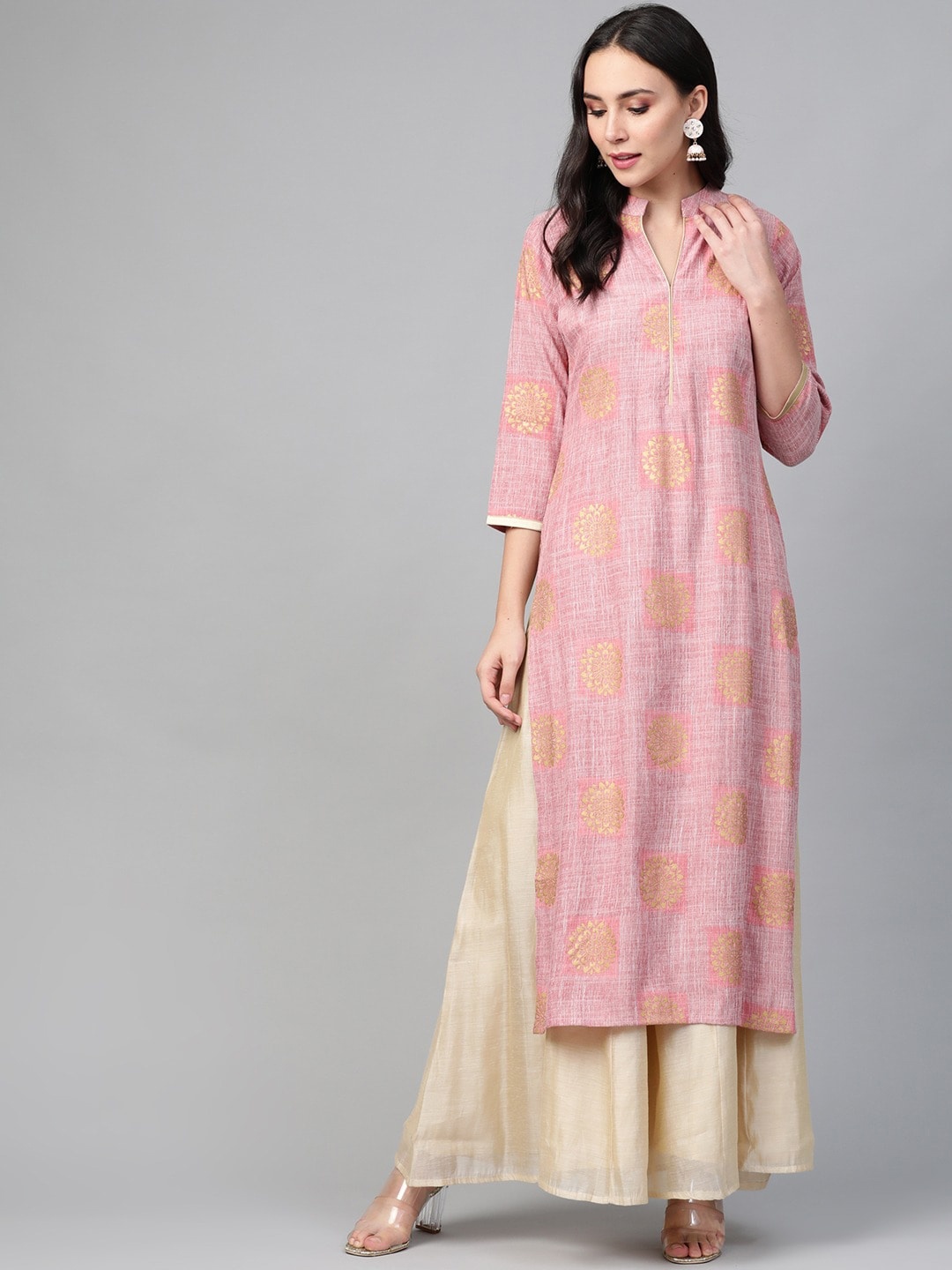 

See Designs Women Ethnic Motifs Printed Mandarin Collar Cotton Kurta, Pink