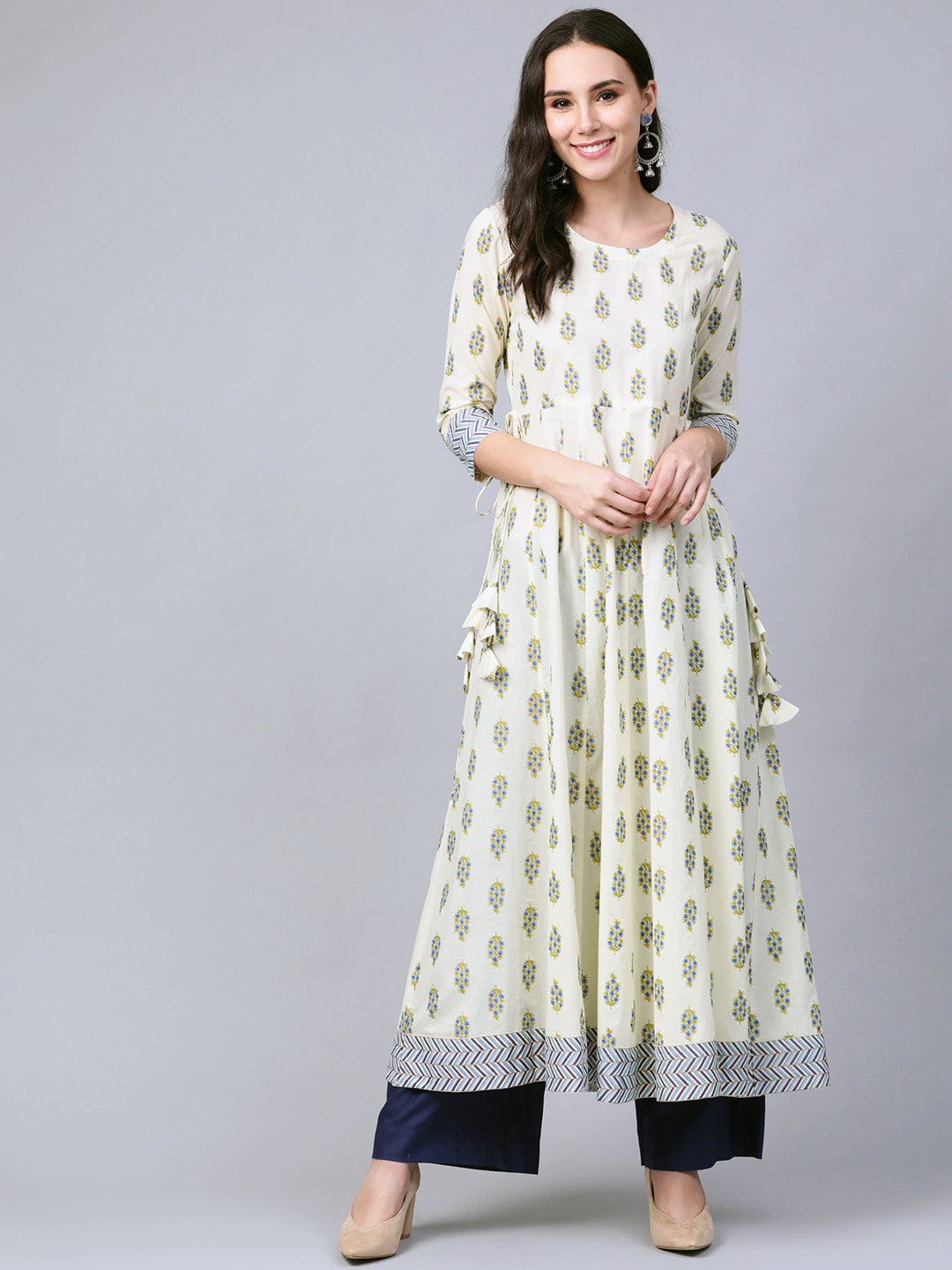 

See Designs Women Floral Printed Cotton Anarkali Kurta, Cream