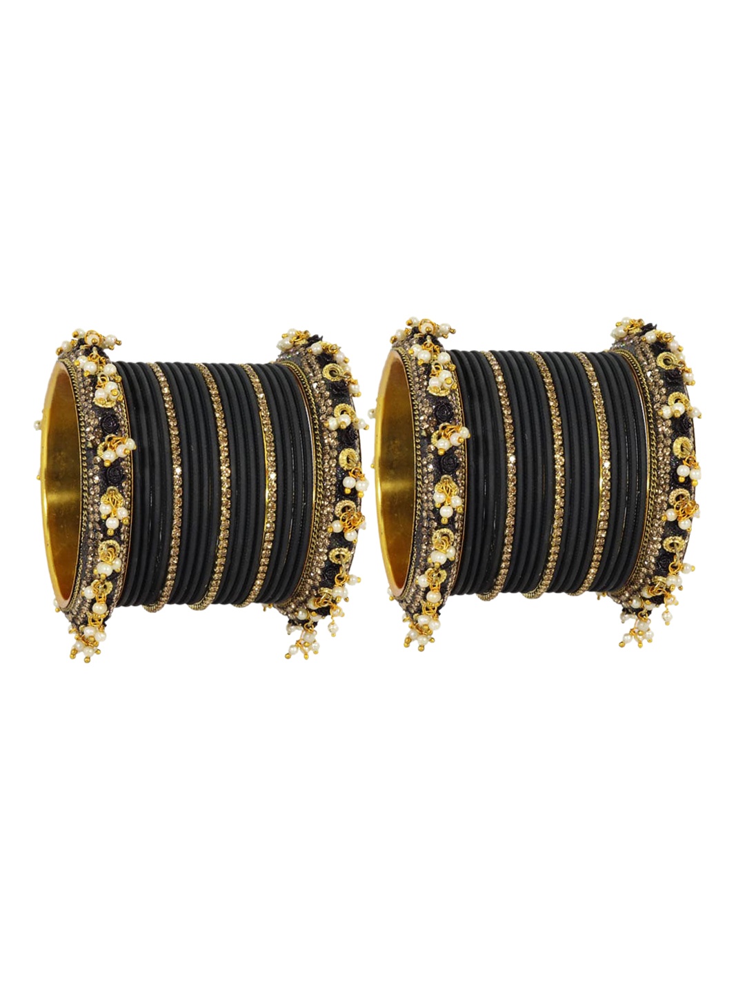 

NMII Set of 42 Zircon Gemstone Studded Latkan Bangles, Black