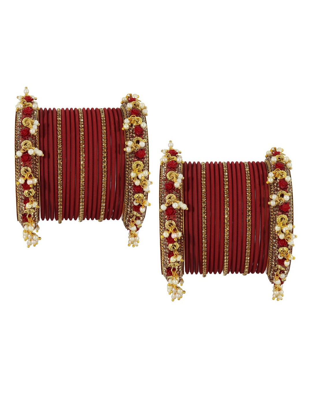 

NMII Set Of 42 Zircon Gemstone Studded Latkan Chuda Bangles, Maroon