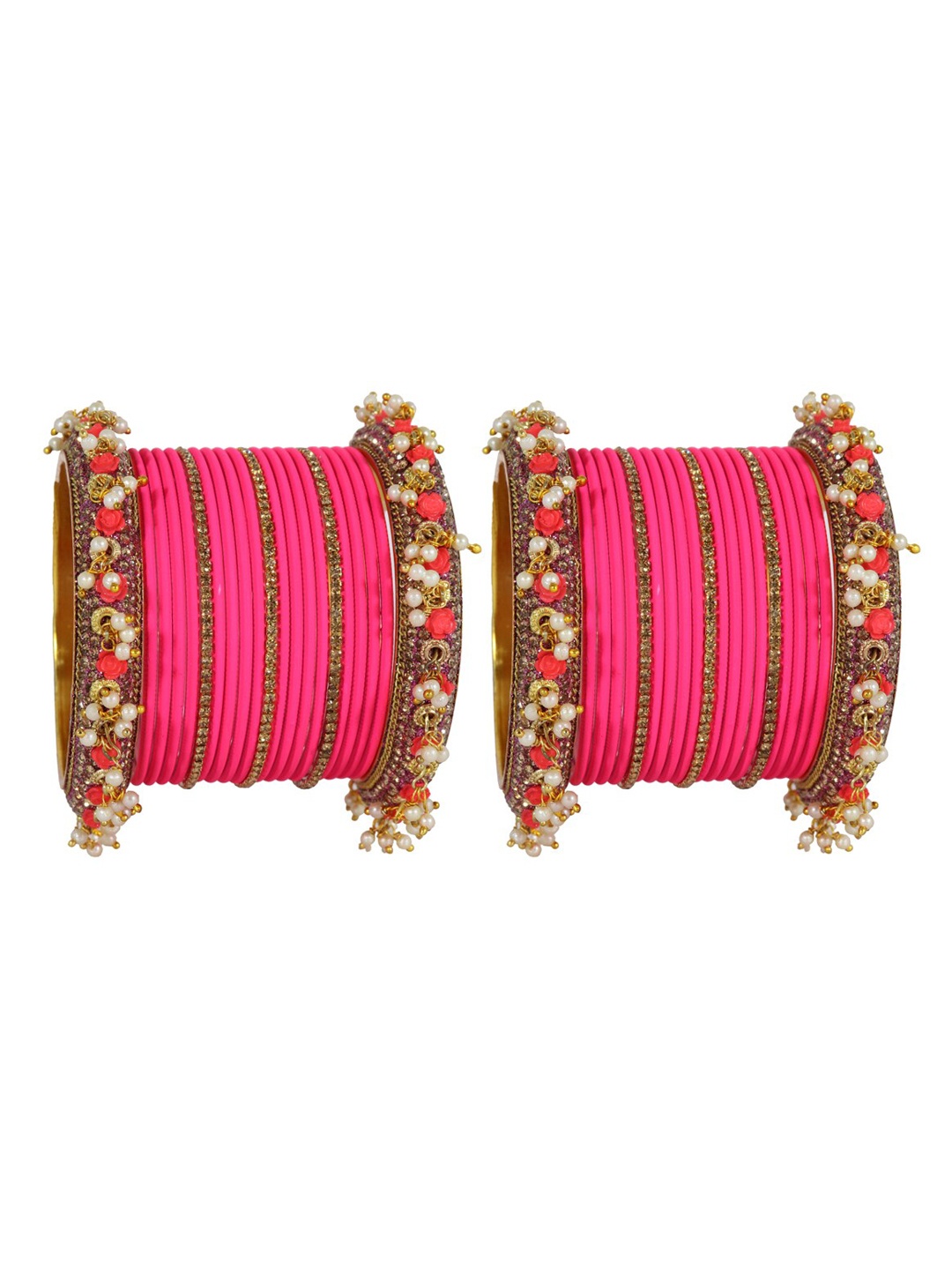 

NMII Set of 42 Zircon Gemstone Studded Latkan Bangles, Pink