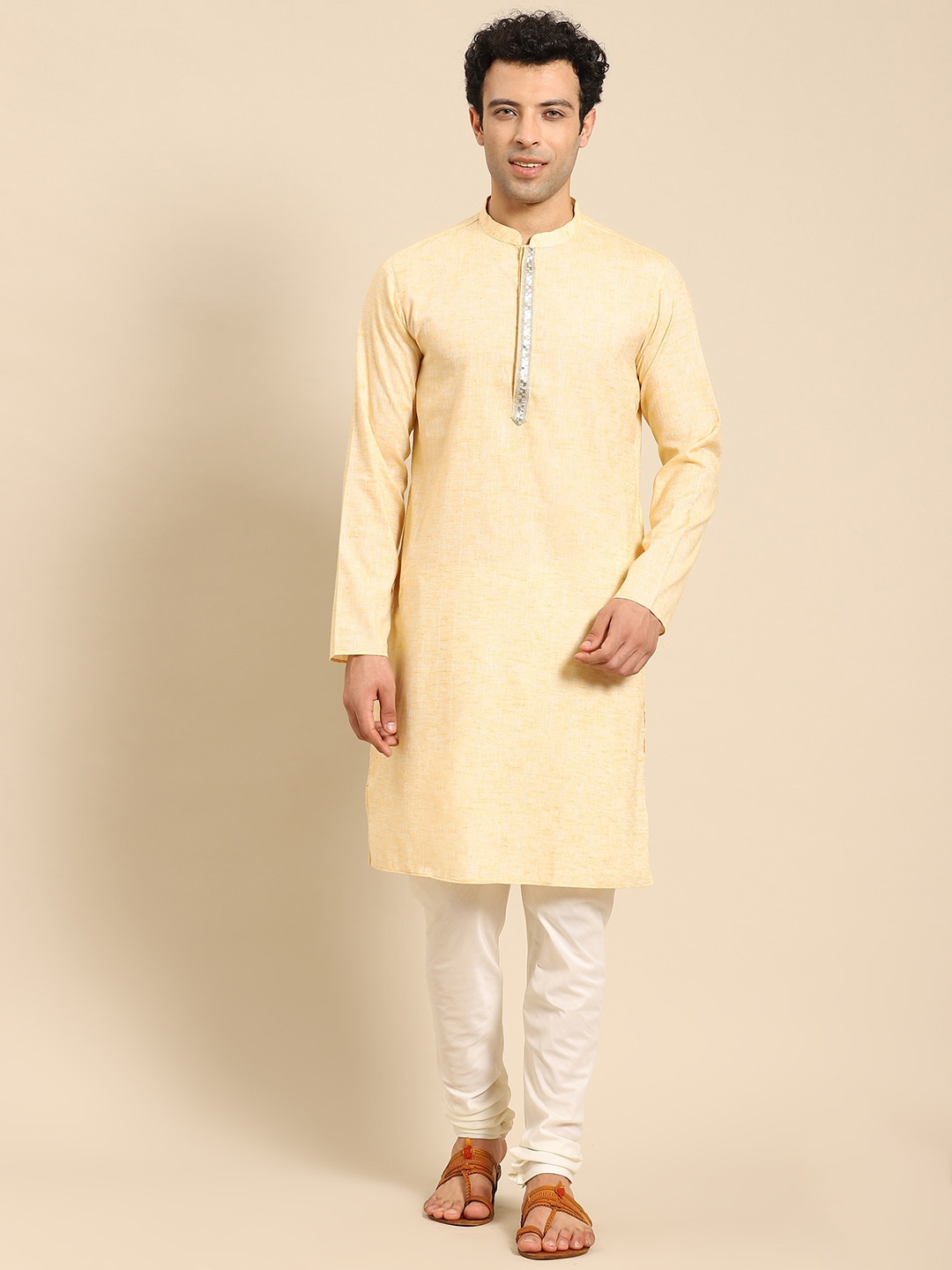 

Amodh by Kisah Men Mandarin Collar Kurta With Churidar, Yellow