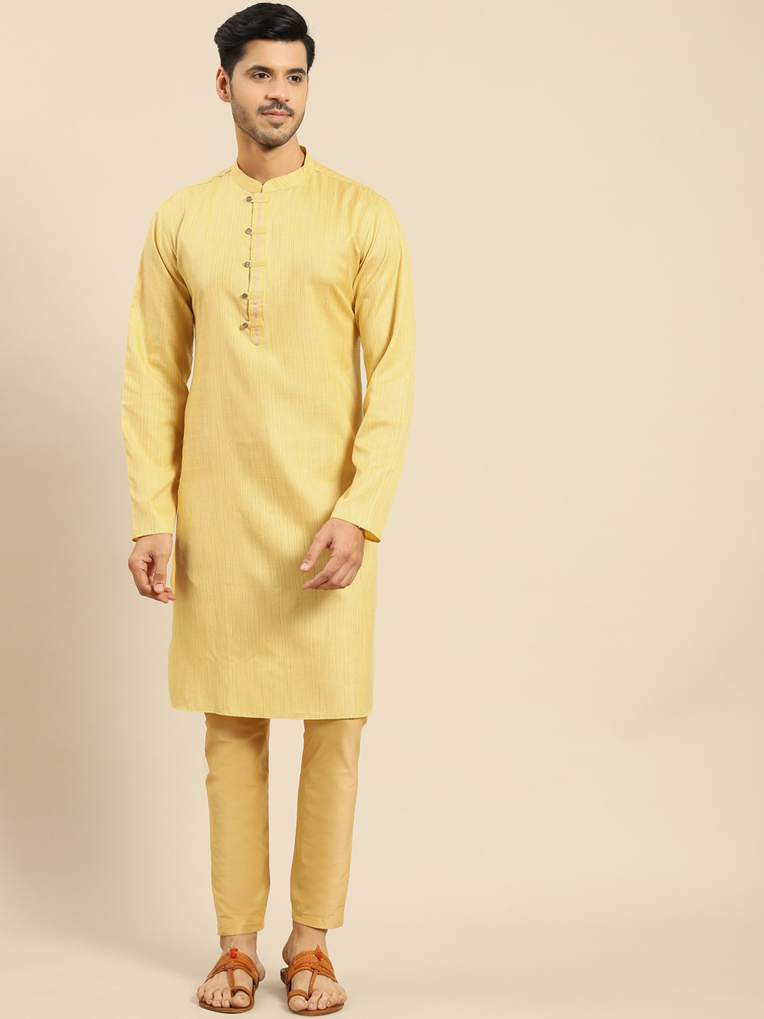 

Amodh by Kisah Men Striped Art Silk Kurta with Churidar, Yellow