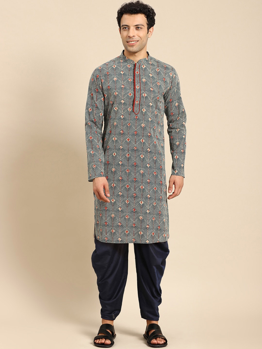 

Amodh by Kisah Men Printed Kurta with Dhoti Pants Set, Teal