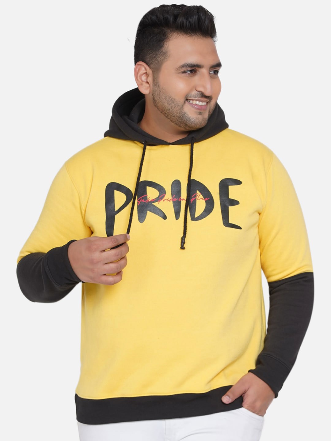 

John Pride Plus Size Men Typography Printed Hooded Sweatshirt, Yellow