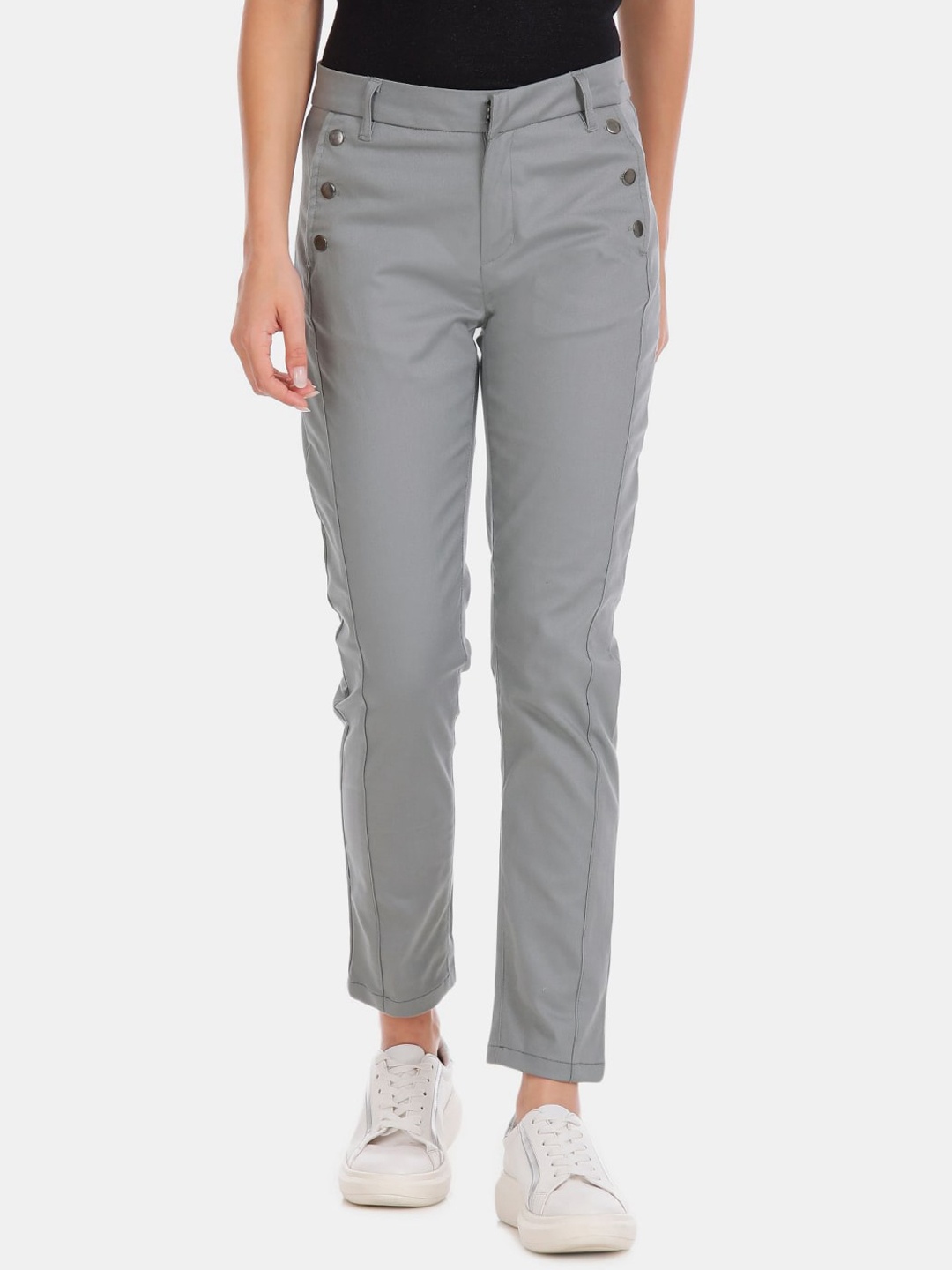 

V-Mart Women Cotton Mid-Rise Regular Fit Classic Trousers, Grey