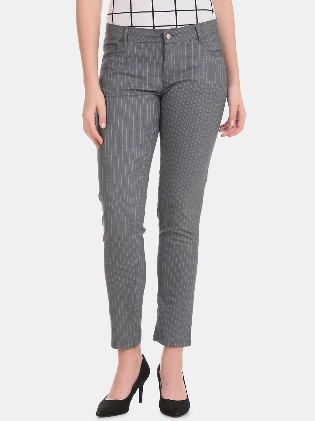 

V-Mart Women Striped Cotton Formal Trousers, Grey