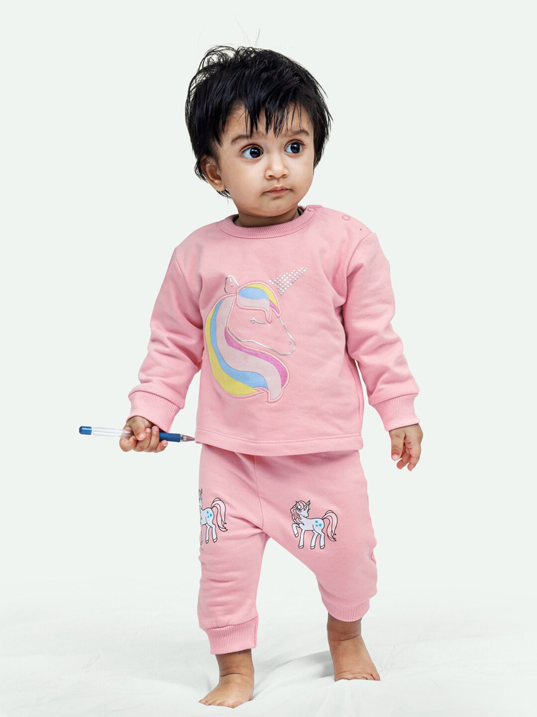 

ariel Infants Printed Cotton Fleece T-shirt with Pyjamas, Pink