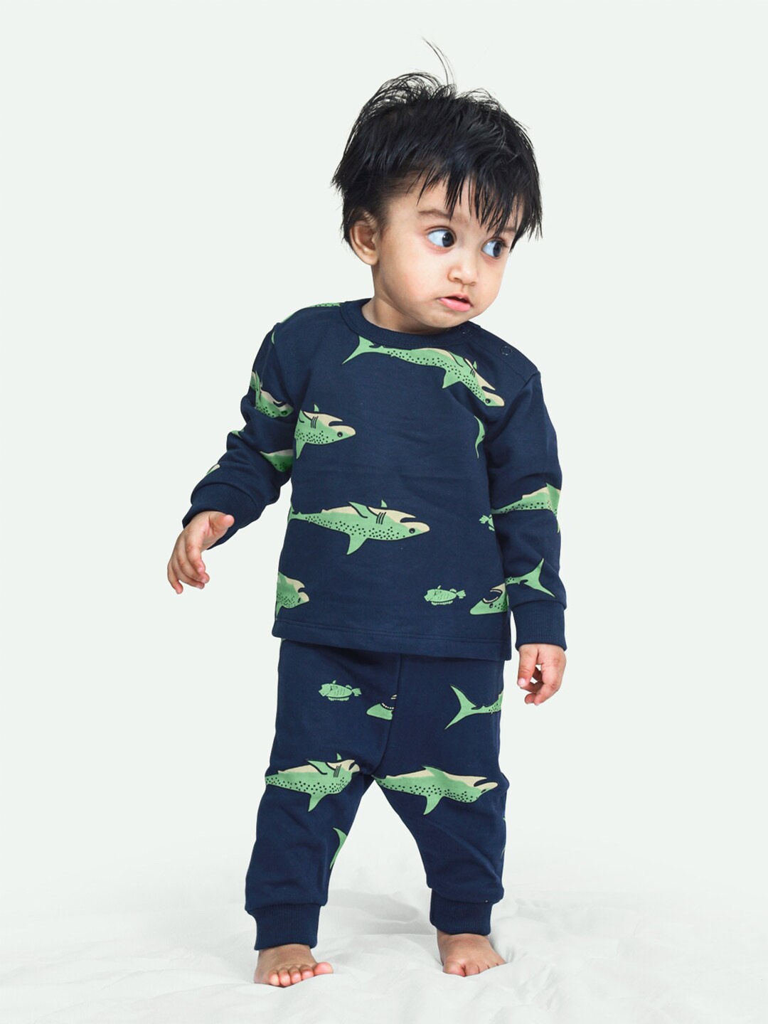 

ariel Infants Cotton Fleece T-shirt with Pyjamas, Navy blue