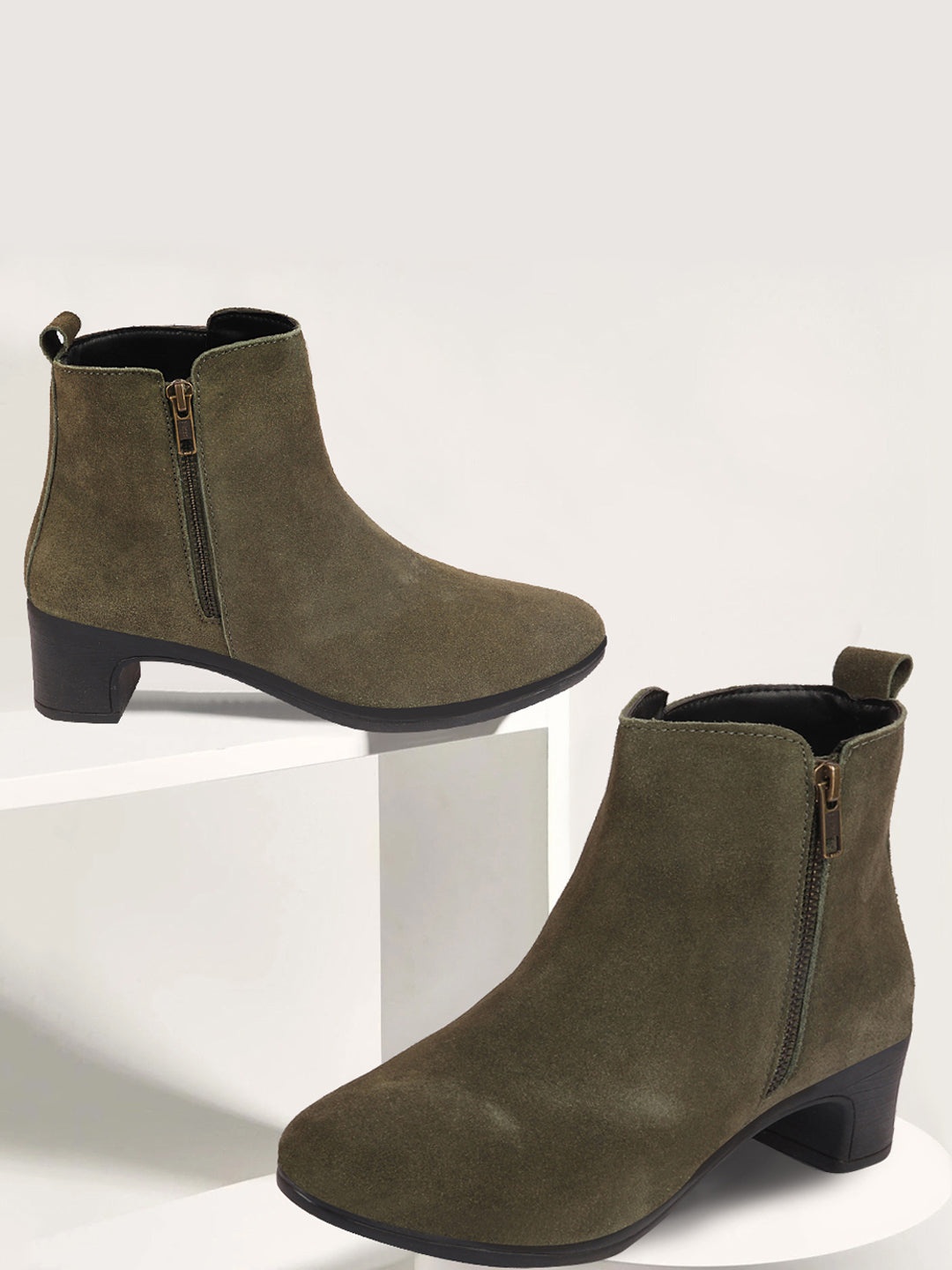 

FAUSTO Women High-Top Block Heel Chelsea Boots, Olive