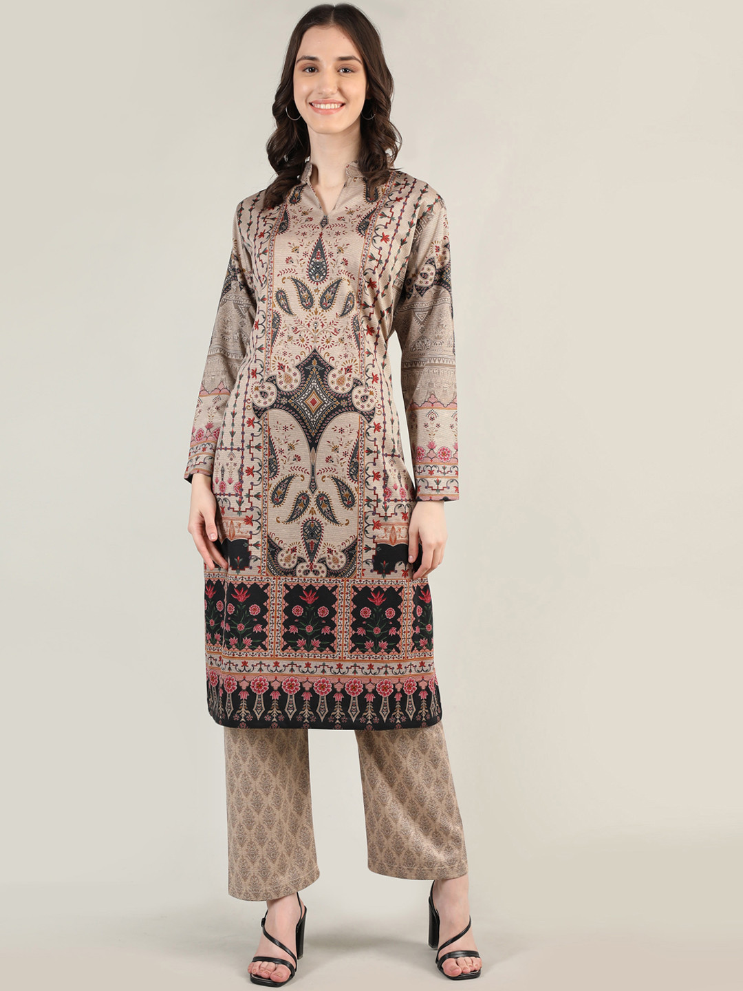 

MIKHAD Women Ethnic Motifs Printed Pure Wool Kurta with Palazzos Set, Beige