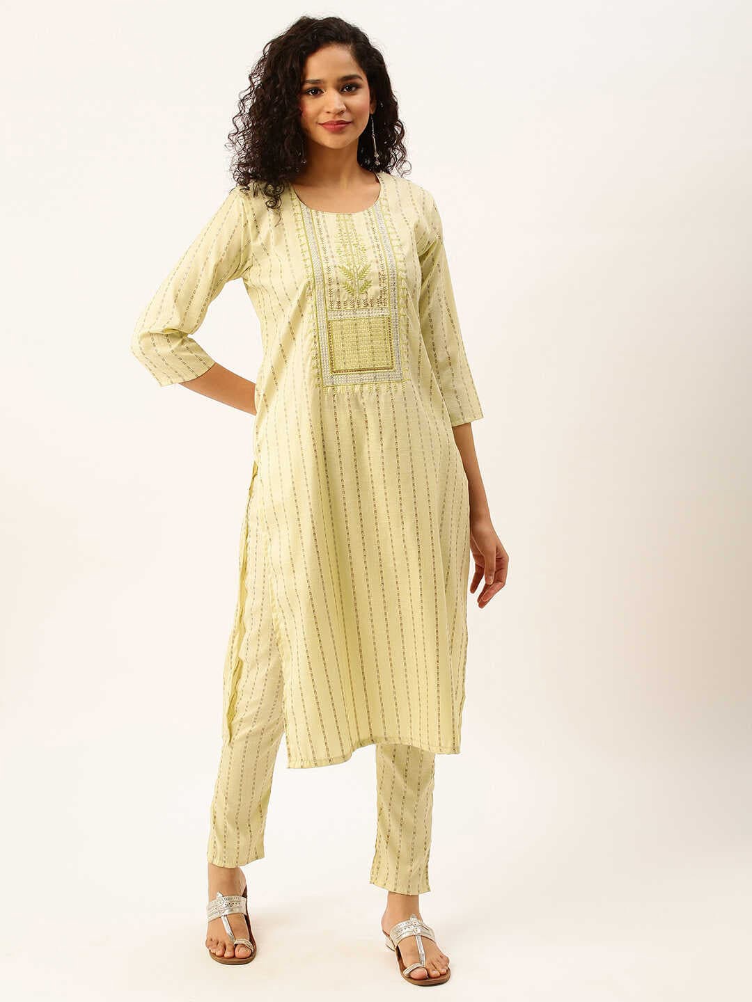 

ZOLA Women Self Design Thread Work Kurta with Trousers, Green