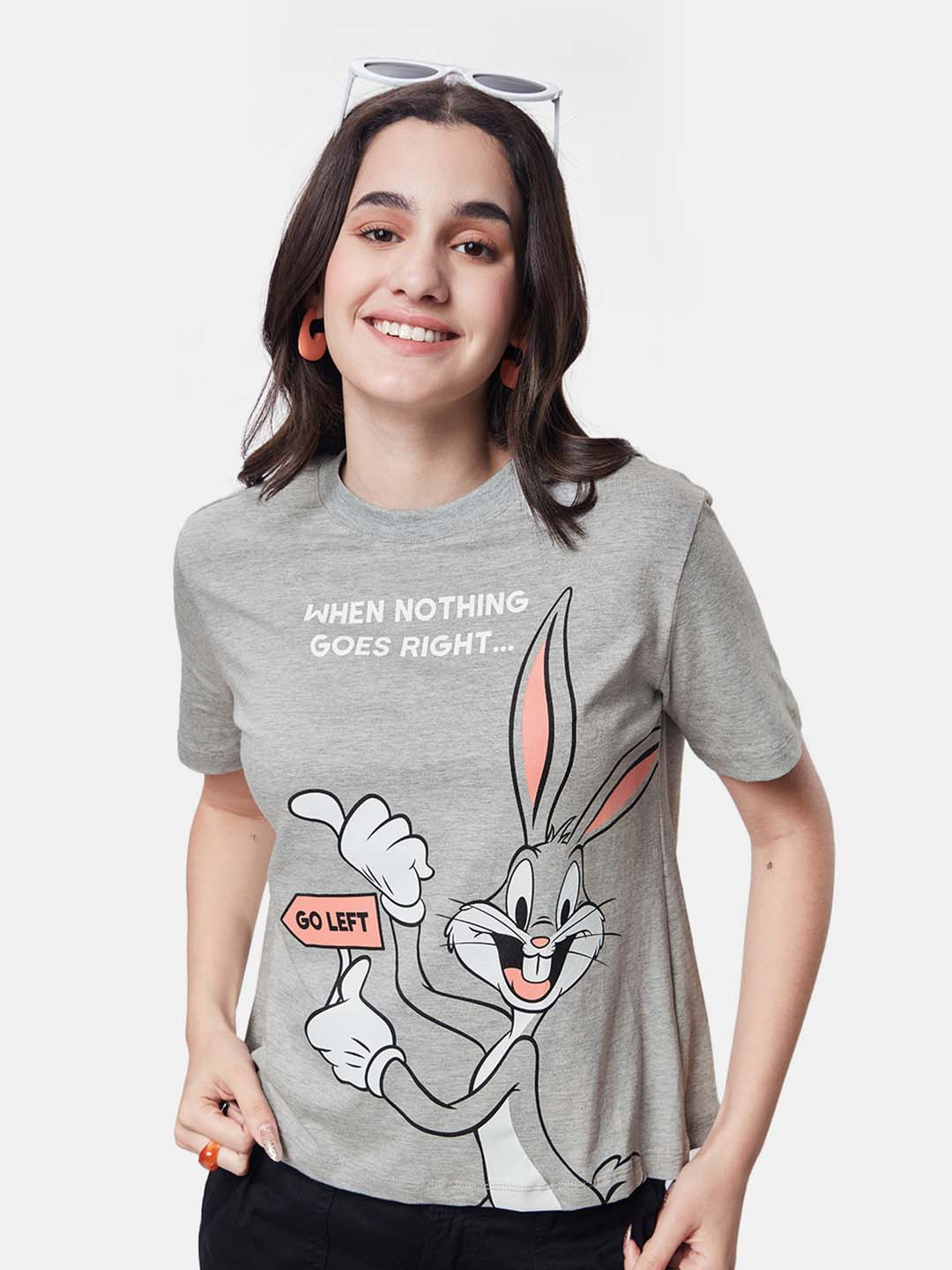 

The Souled Store Women Bugs Bunny Printed Pure Cotton T-shirt, Grey melange