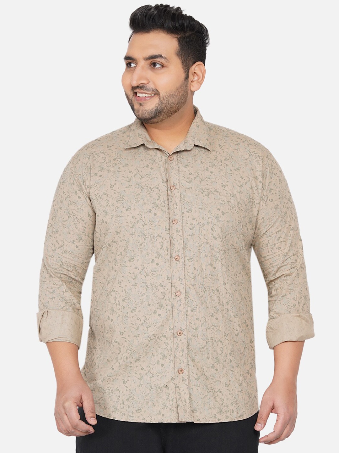 

John Pride Men Plus Size Floral Printed Casual Cotton Shirt, Beige