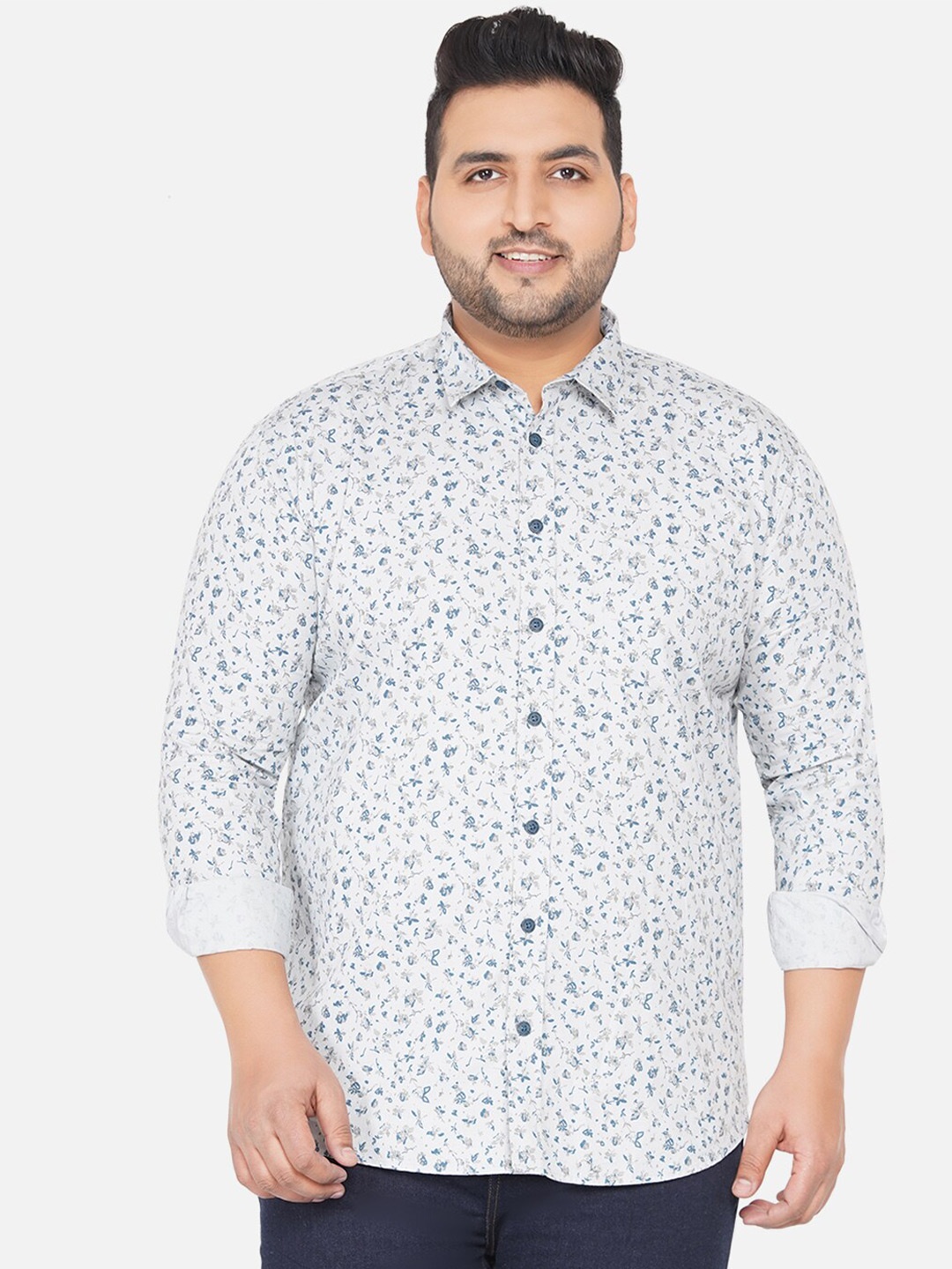 

John Pride Men Plus Size Floral Printed Casual Cotton Shirt, Grey