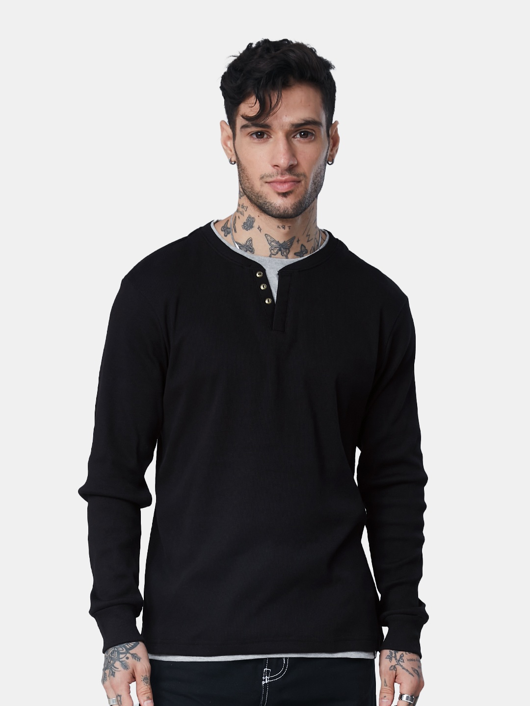 

The Souled Store Men Henley Neck Pure Cotton T-shirt, Black