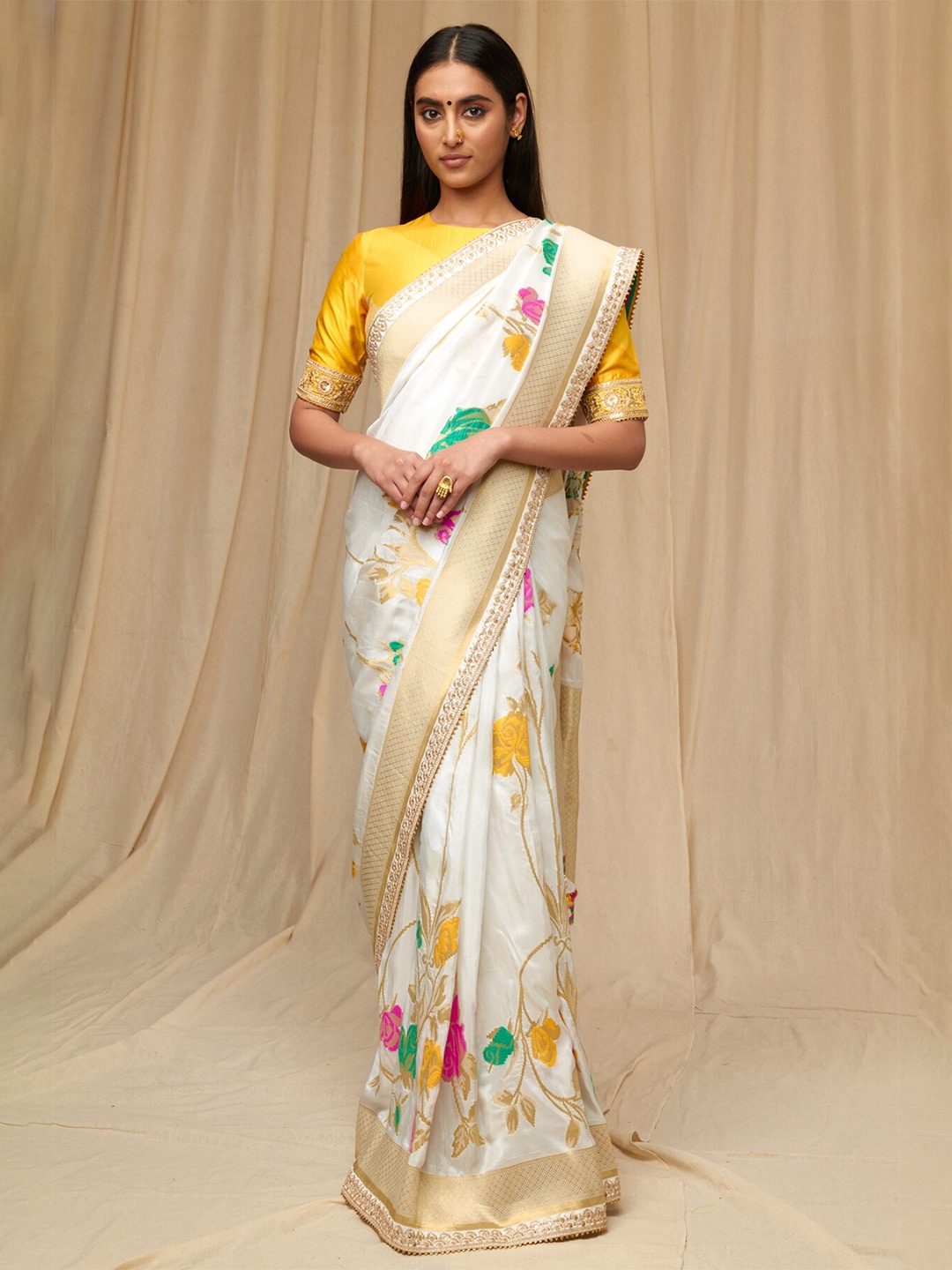 

Masaba Floral Embroidered Brocade Saree, White