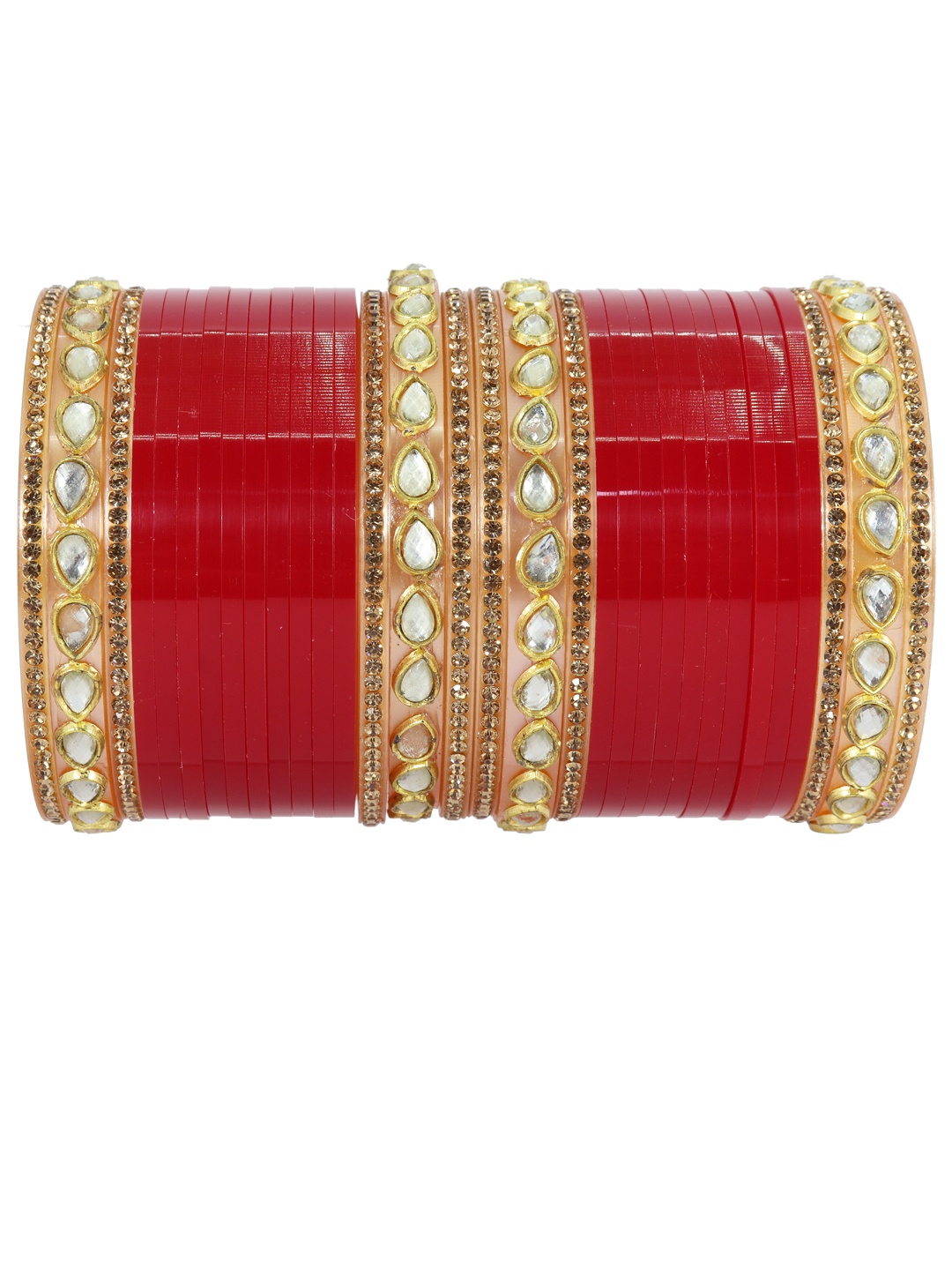 

NMII Set Of 32 Kundan & Zircon Gemstone-Studded Chuda Bangles, Red